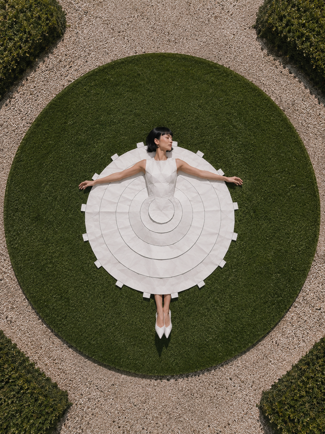 Vue aérienne femme en robe origami allongée sur pelouse ronde – graviers et buis