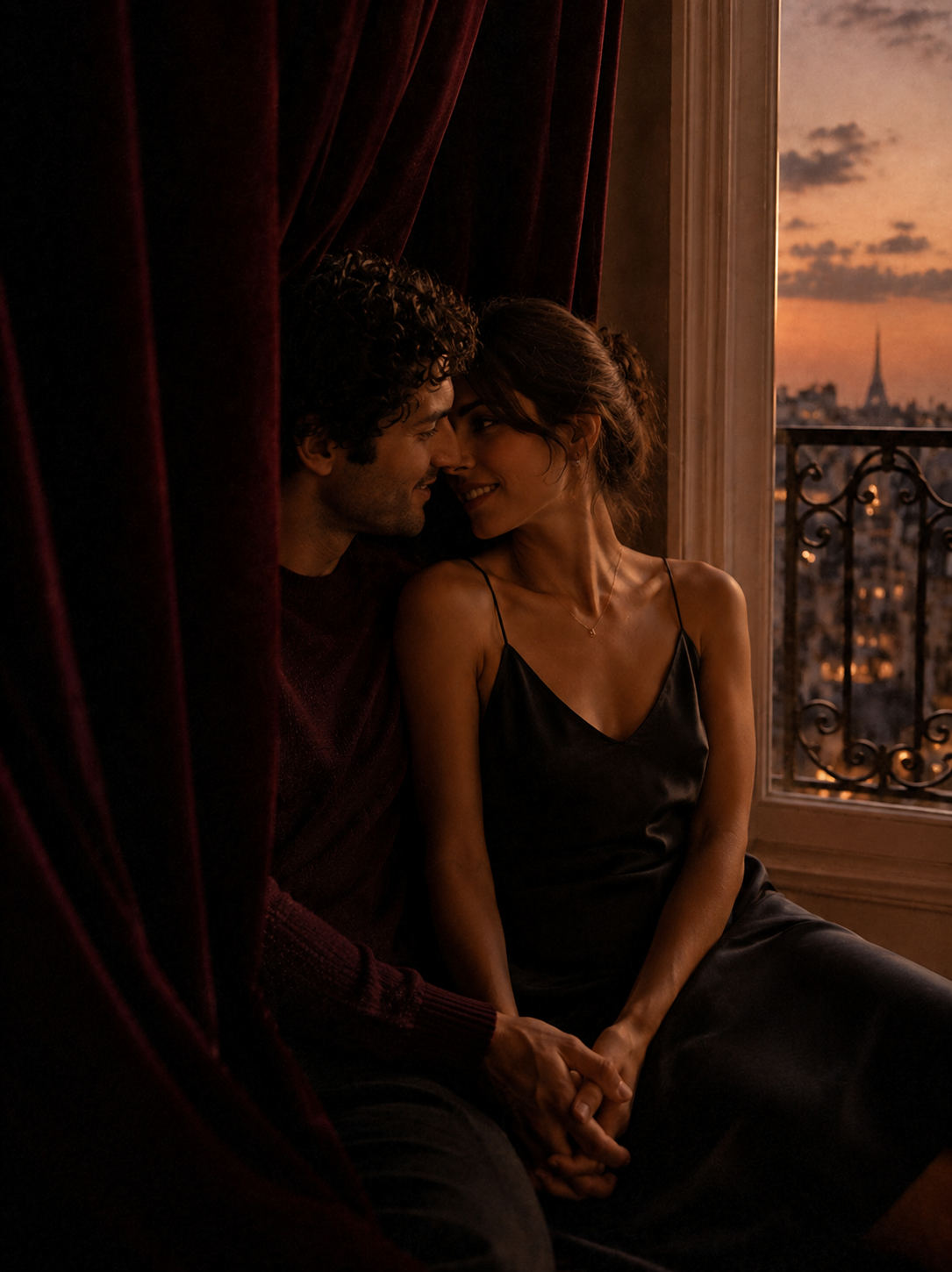 Couple enlacé près d'une fenêtre parisienne de nuit, rideau bordeaux, tour Eiffel illuminée visible, lumière chaude tamisée
