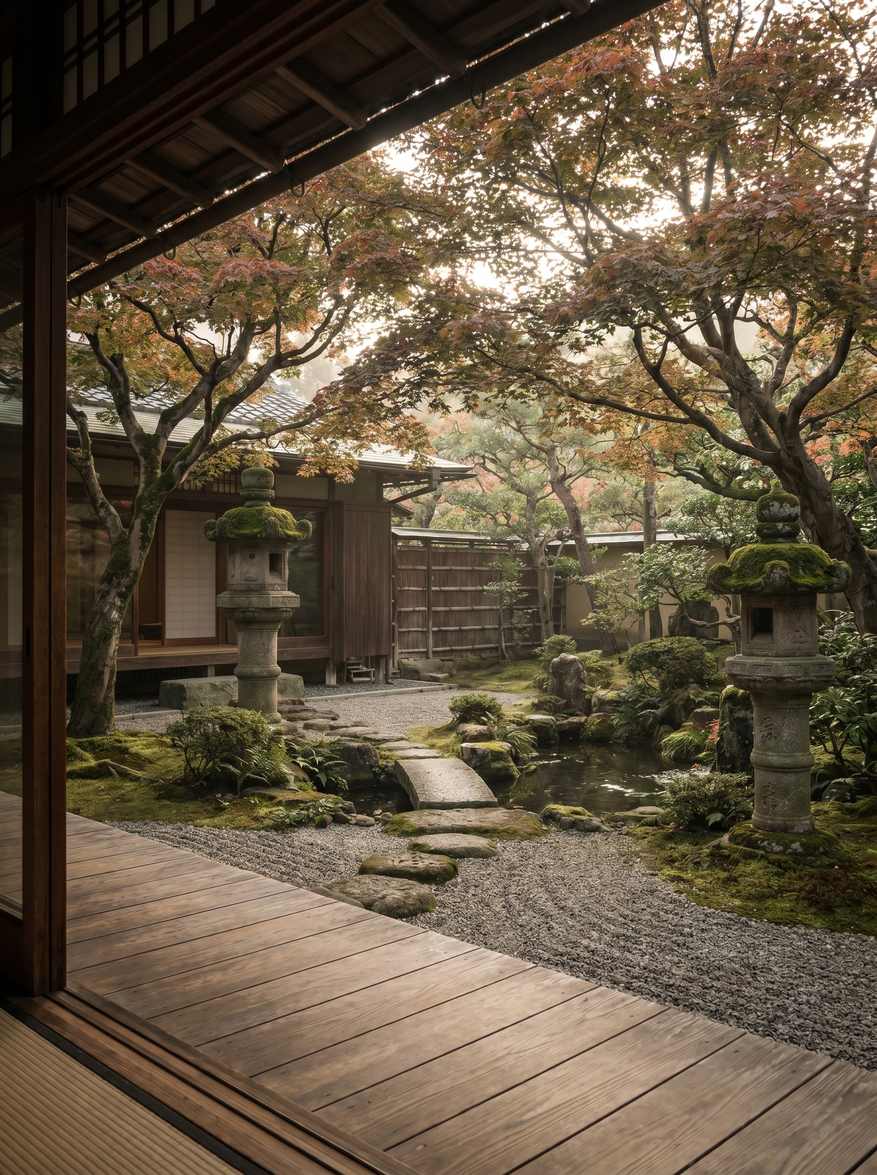 Vue depuis intérieur sur jardin zen japonais automnal avec lanternes en pierre, érable rouge et gravier ratissé