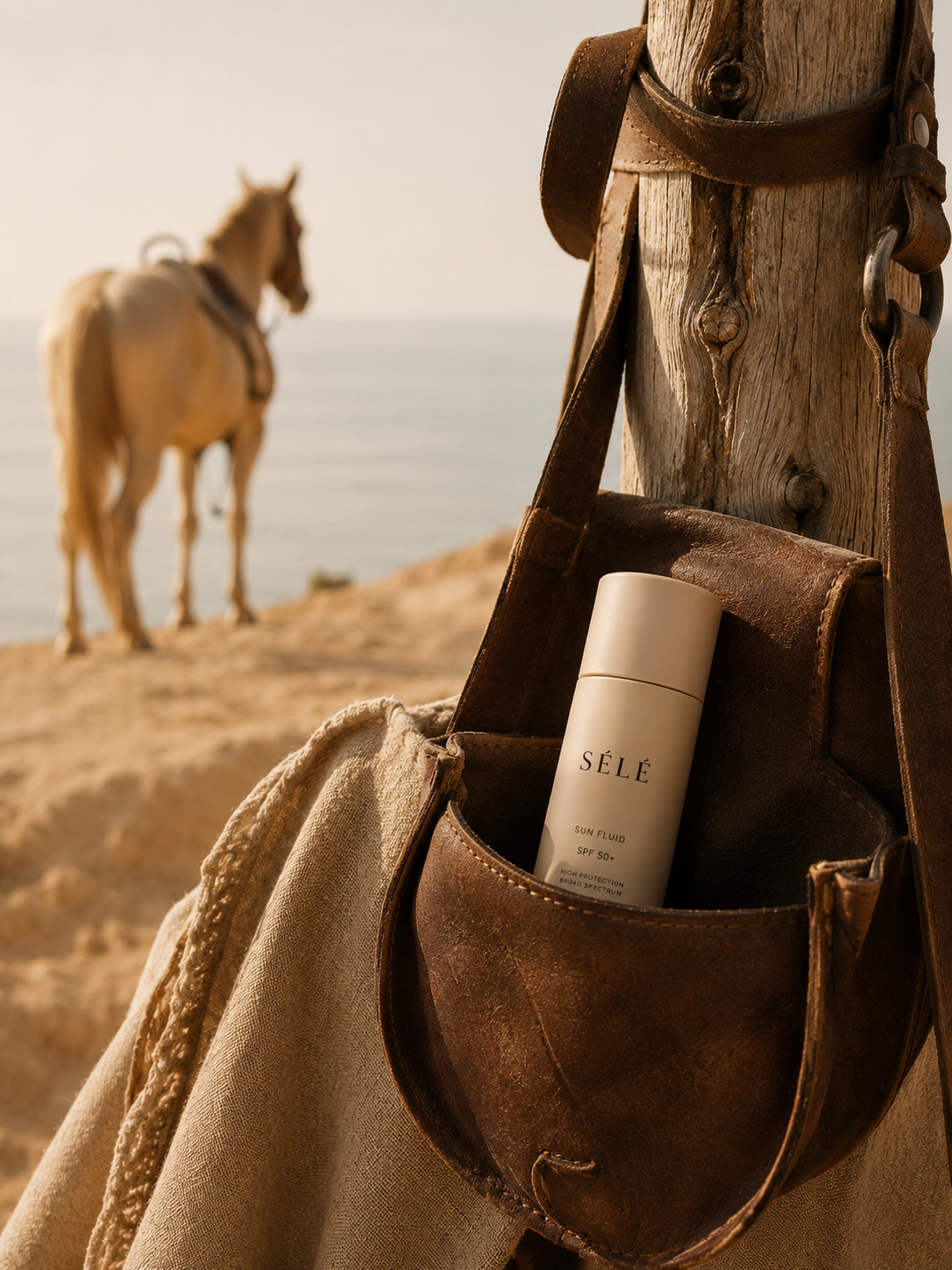 Tube de soin solaire dans sacoche en cuir – cheval flou et paysage côtier en fond