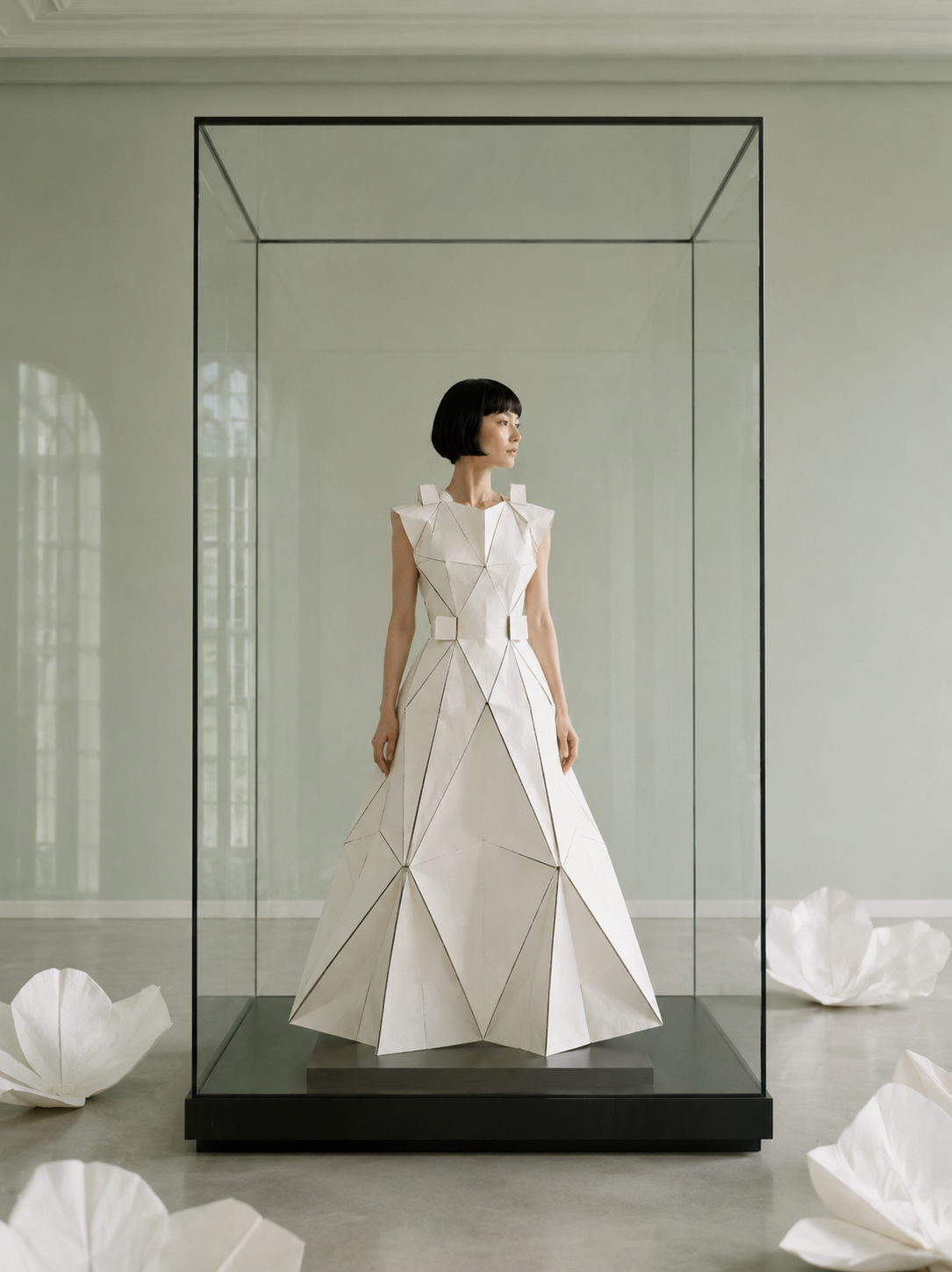 Femme en robe origami dans grande vitrine en verre – magnolias blancs et intérieur haussmannien