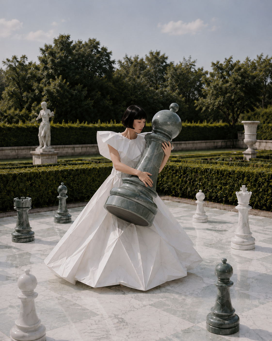 Femme en robe origami enlaçant une pièce d'échecs géante – échiquier de jardin
