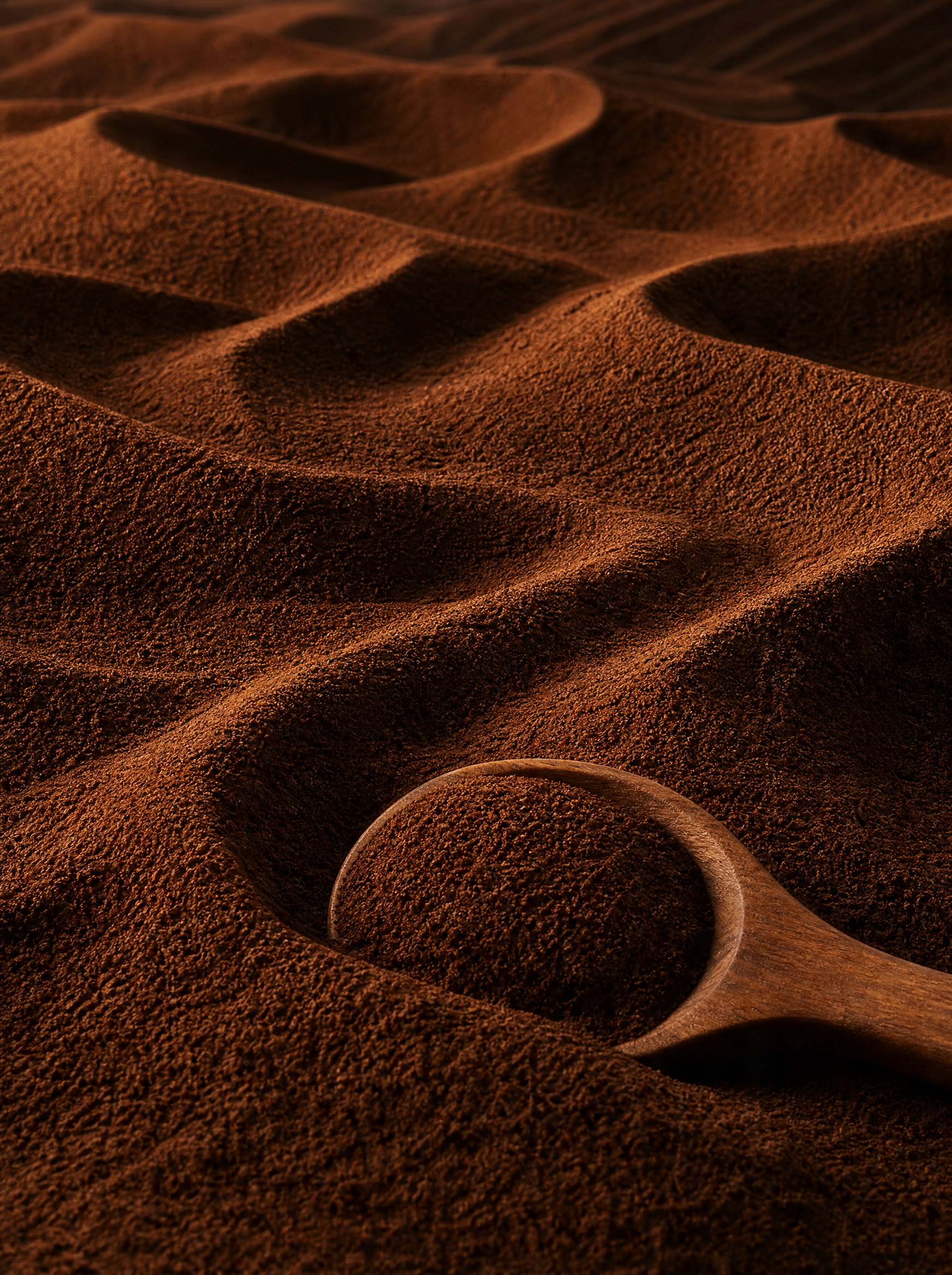 Texture dunes de café moulu – vagues et sillons, cuillère bois enfouie, abstrait brun