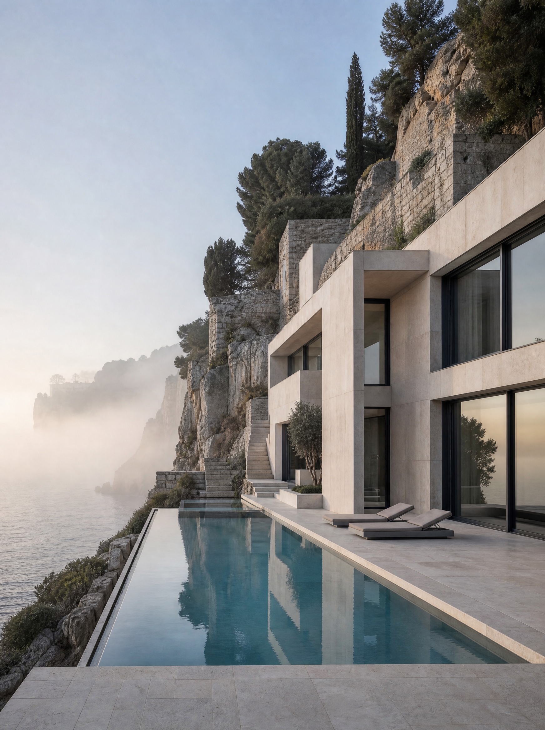 Villa contemporaine de luxe avec piscine à débordement sur falaise rocheuse méditerranéenne dans la brume