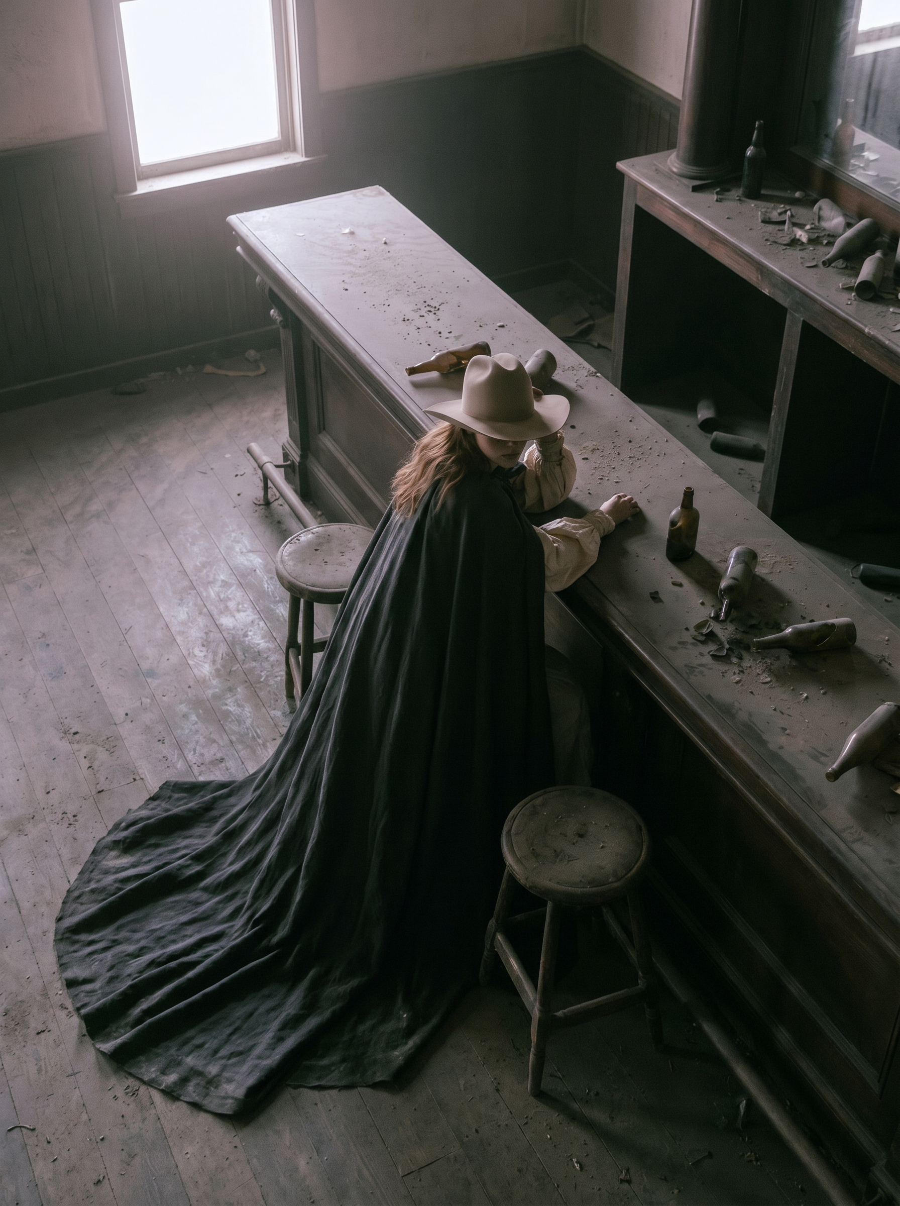Cavalière en grande cape sombre accoudée sur un comptoir dans un atelier western abandonné