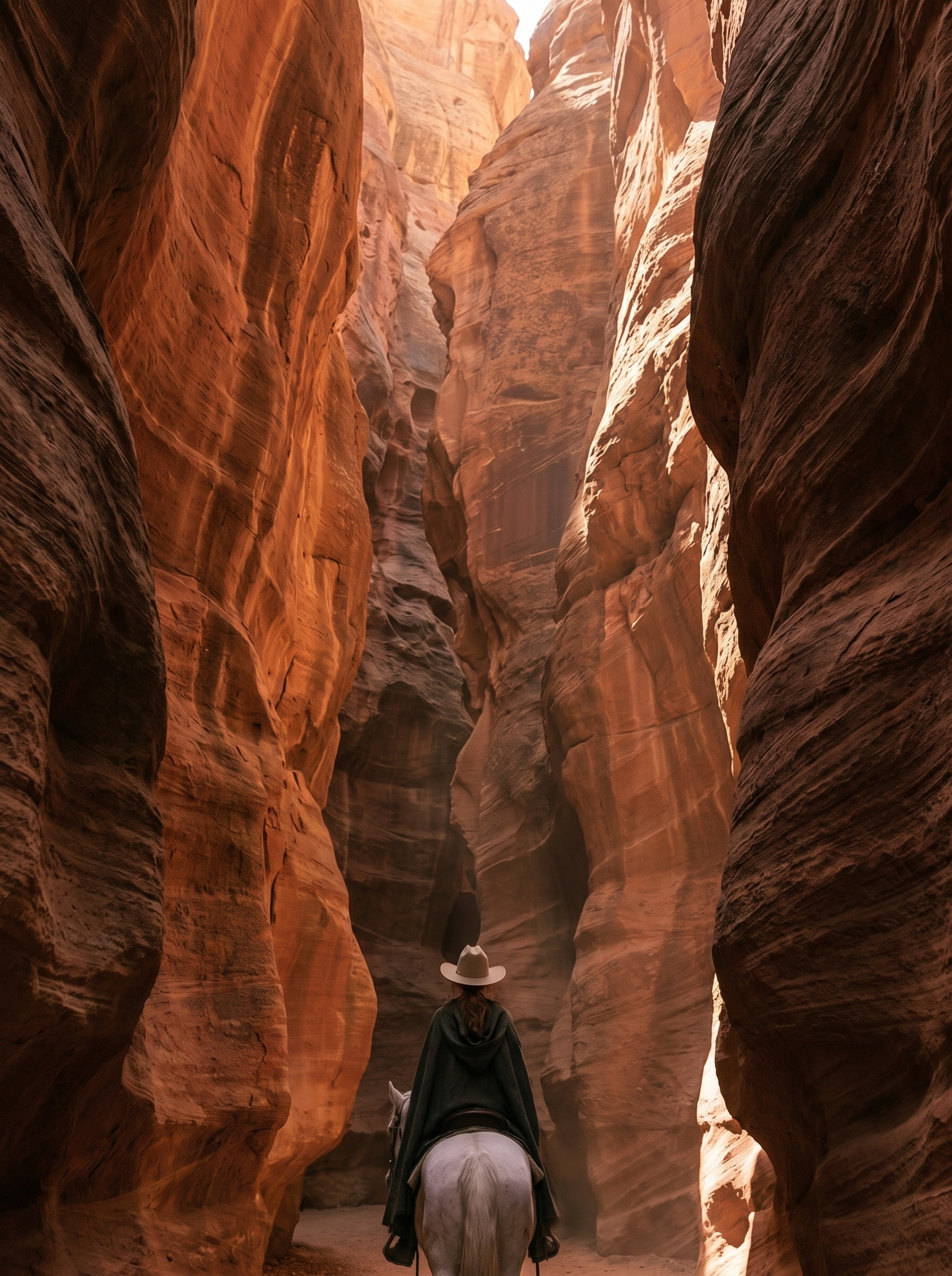 Cavalière sur cheval blanc de dos dans un slot canyon aux parois de grès rouge-orangé