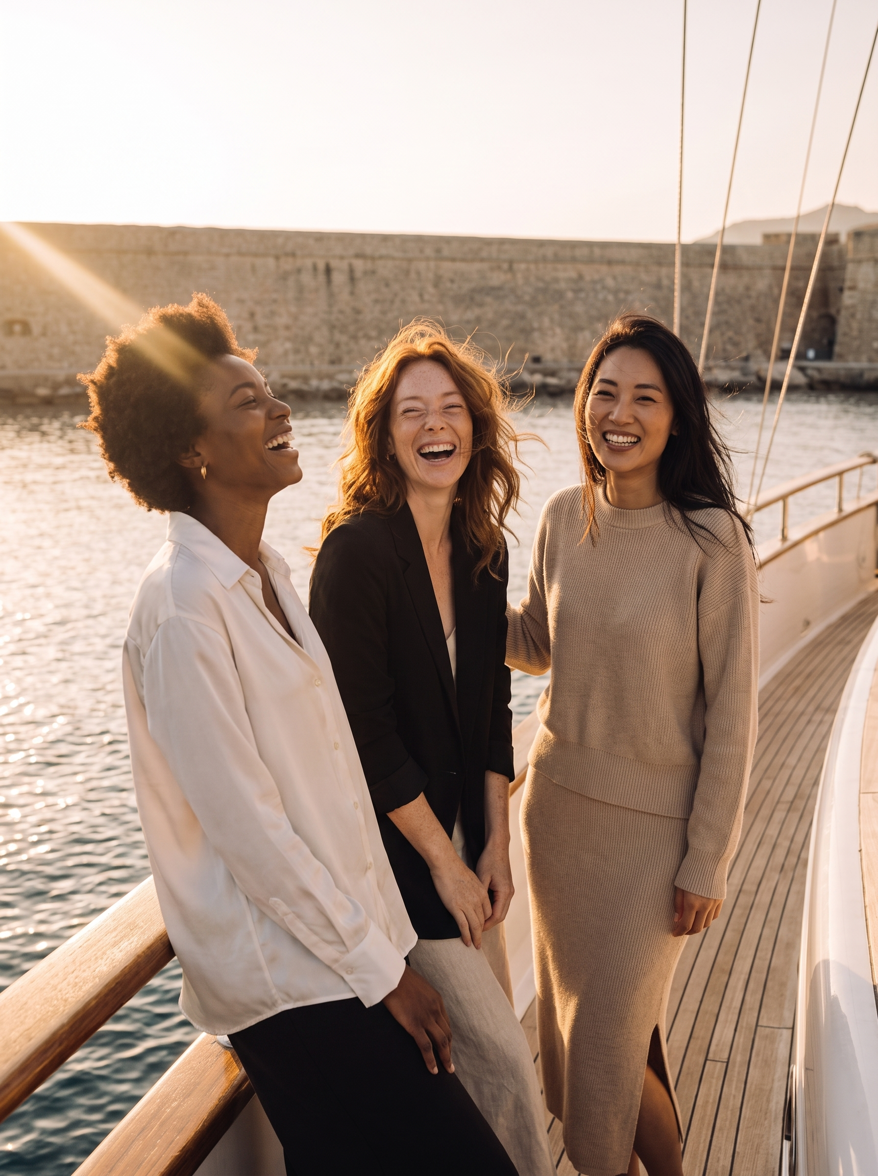 Trois amies riant sur le pont d'un voilier au coucher du soleil dans le port