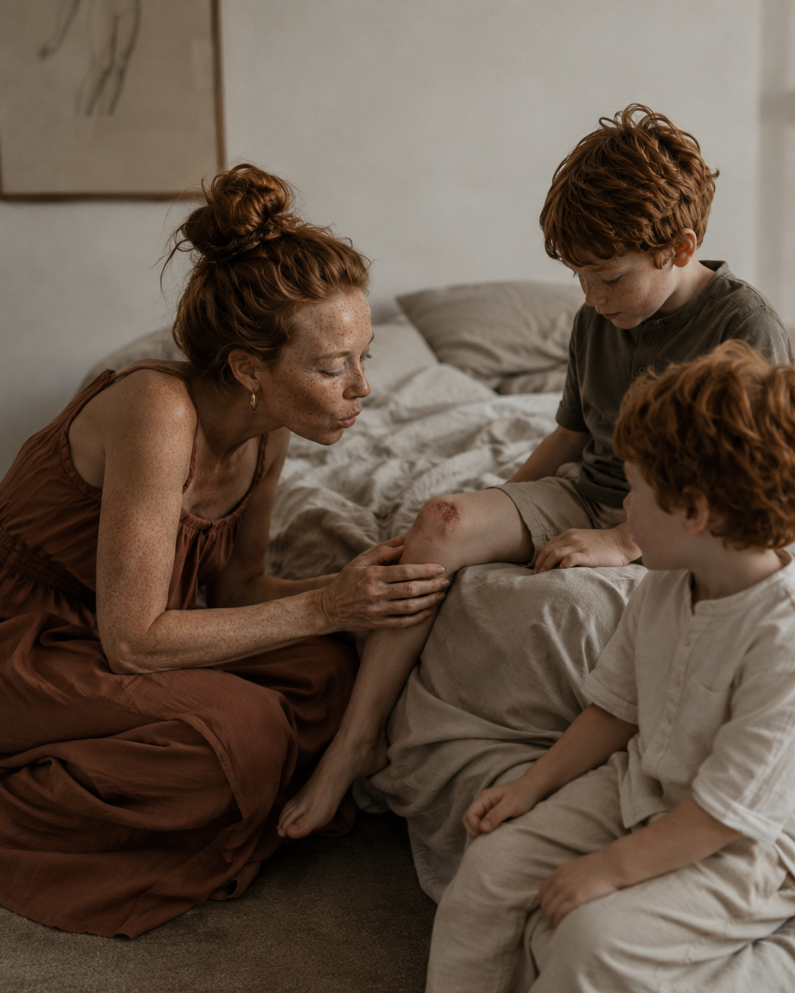 Mère en robe terracotta soignant le genou blessé de son enfant roux – sol de chambre