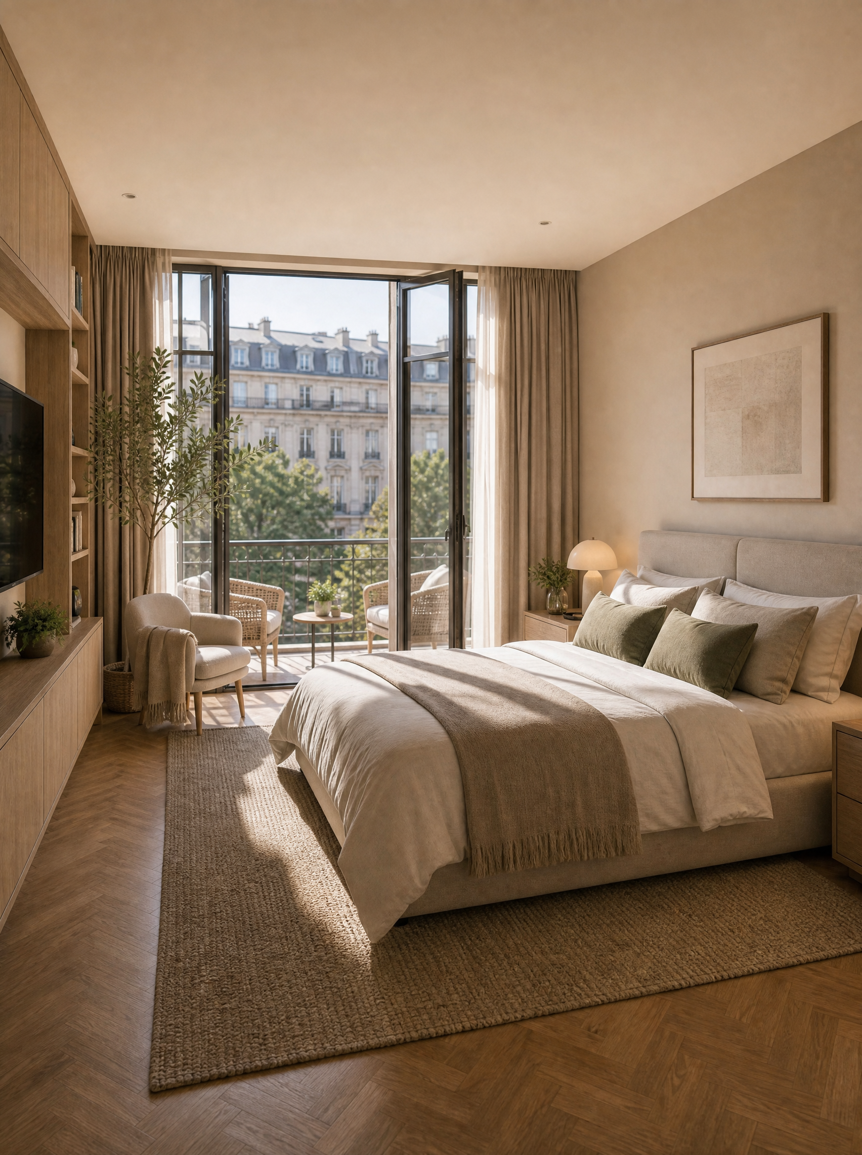 Chambre élégante avec lit en lin vert, parquet en chevrons et balcon donnant sur immeubles haussmanniens