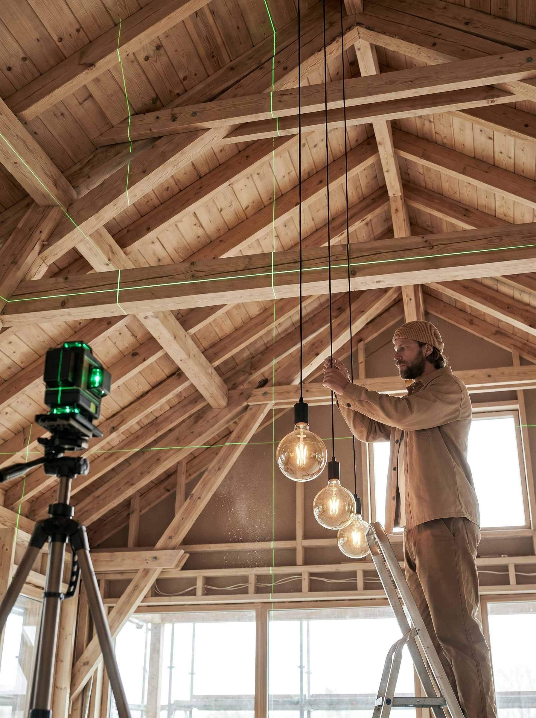 Électricien installant des suspensions guidé par un niveau laser vert sous une charpente en bois