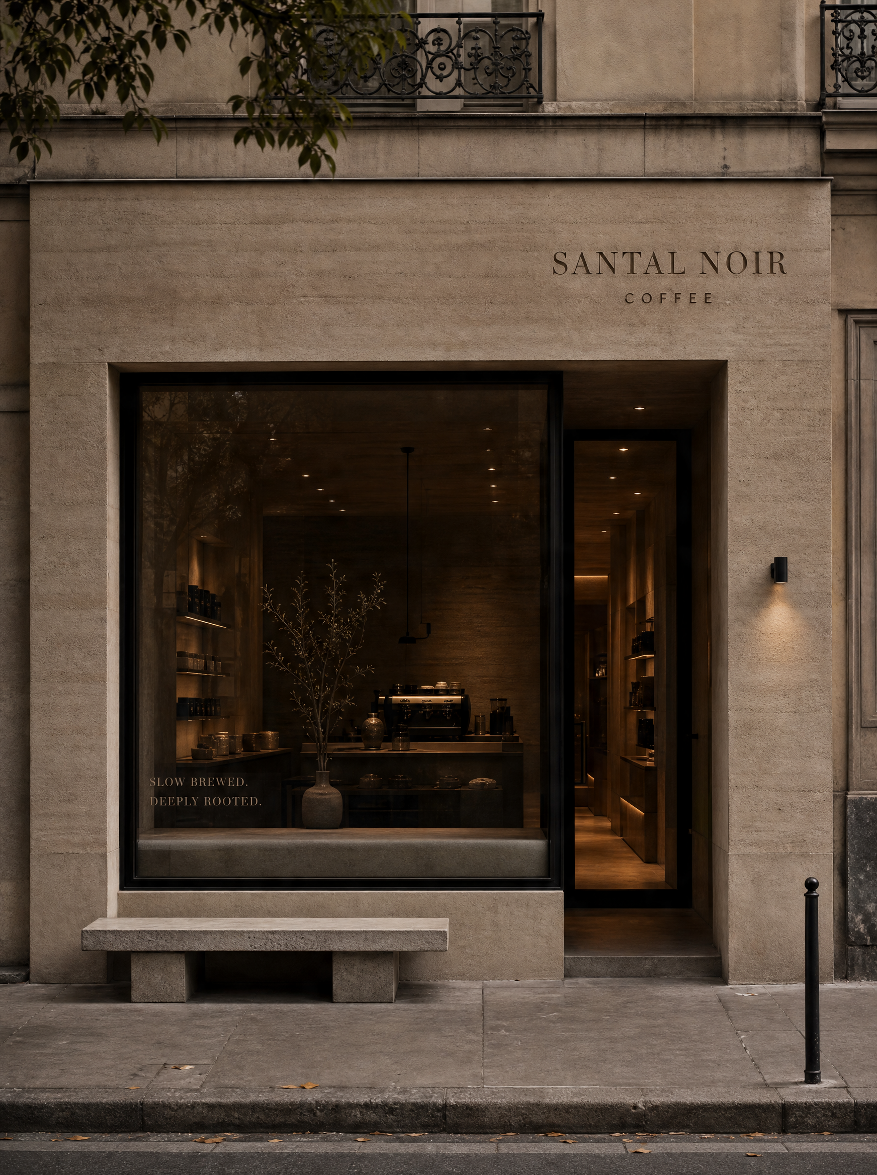 Façade boutique café artisanal – pierre de taille, grande vitrine illuminée, banc, rue, soir