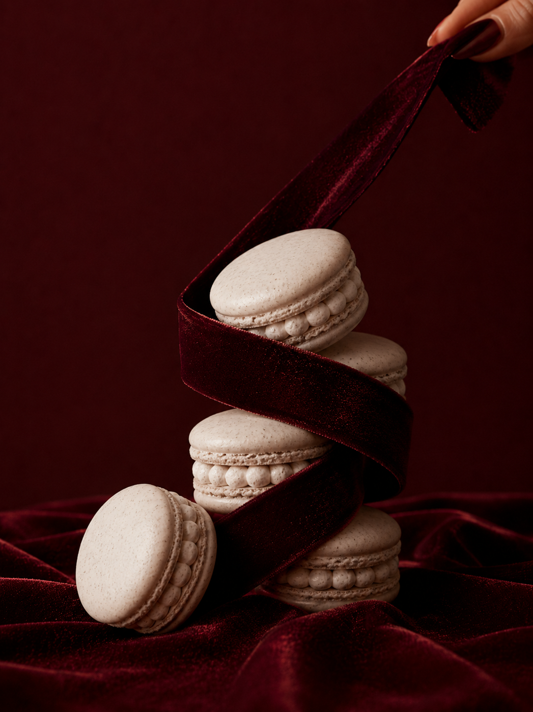 Tour de macarons blancs côtelés enlacés d'un ruban de velours bordeaux, main tirant le ruban, tissu bordeaux drapé en fond