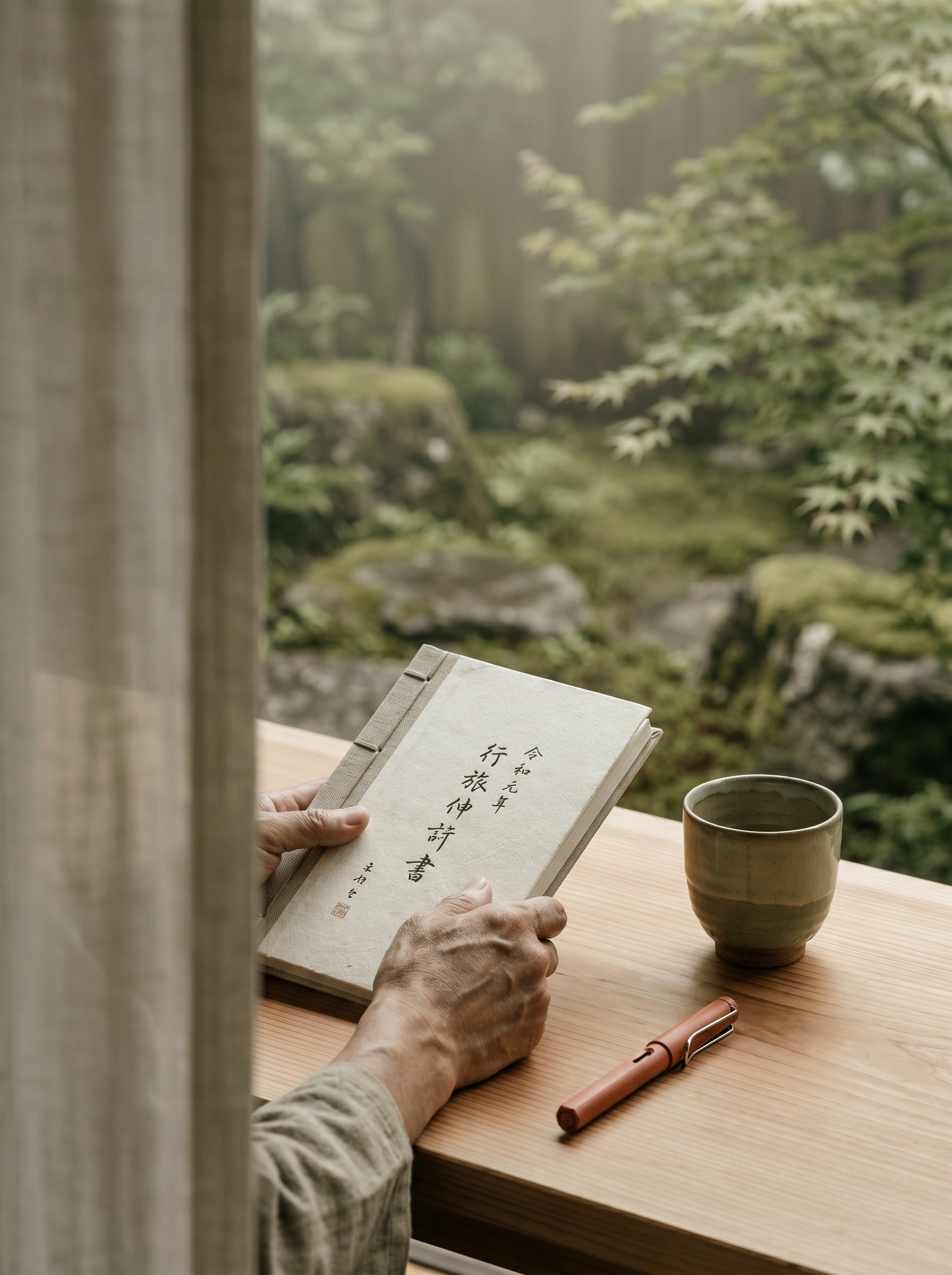 Mains âgées tenant livre calligraphié japonais – bol thé céladon, stylet bois, jardin mousse en fond