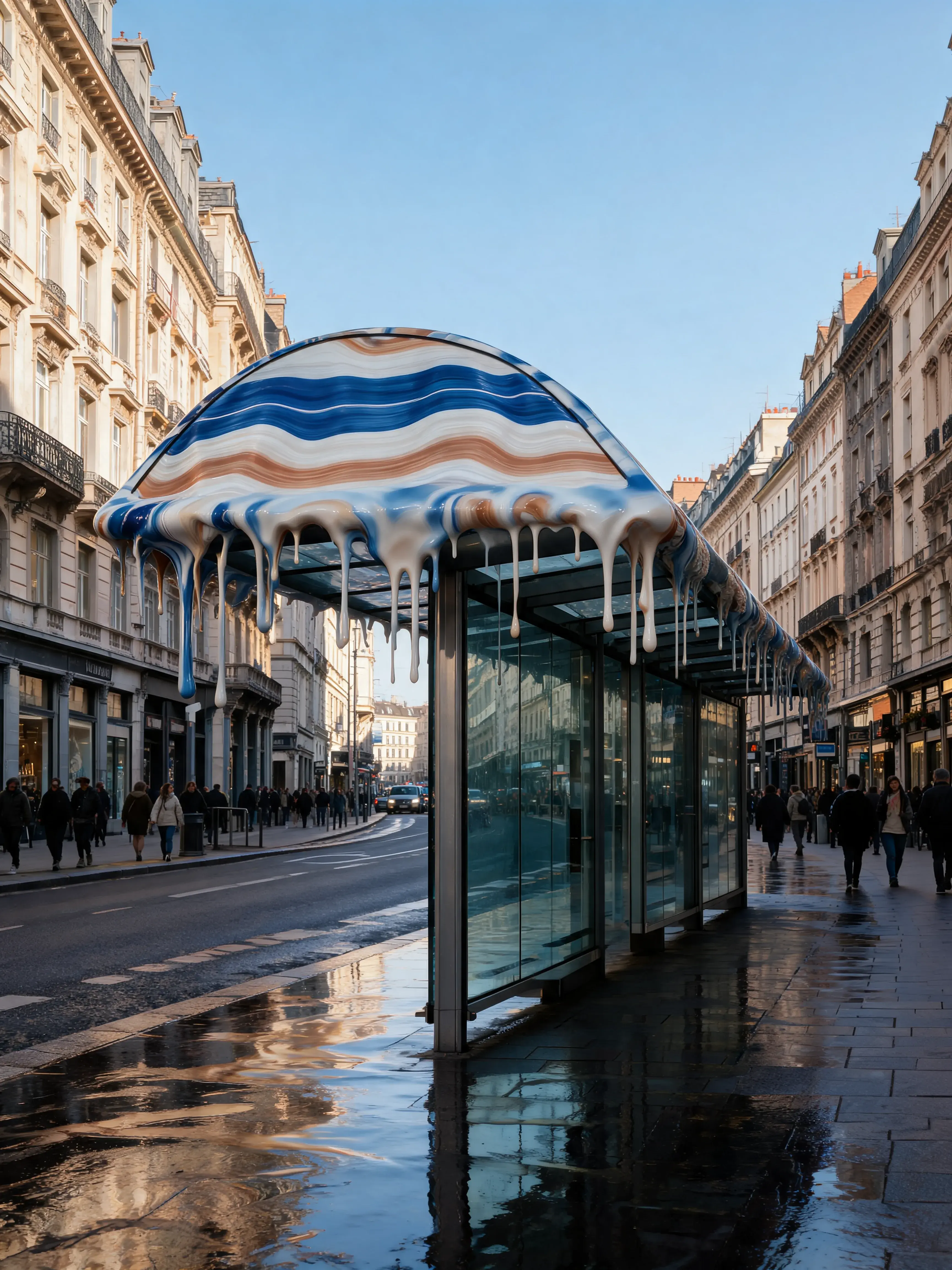 Abribus recouvert de matière marbré coulante bleu et terracotta – rue parisienne, reflets sol