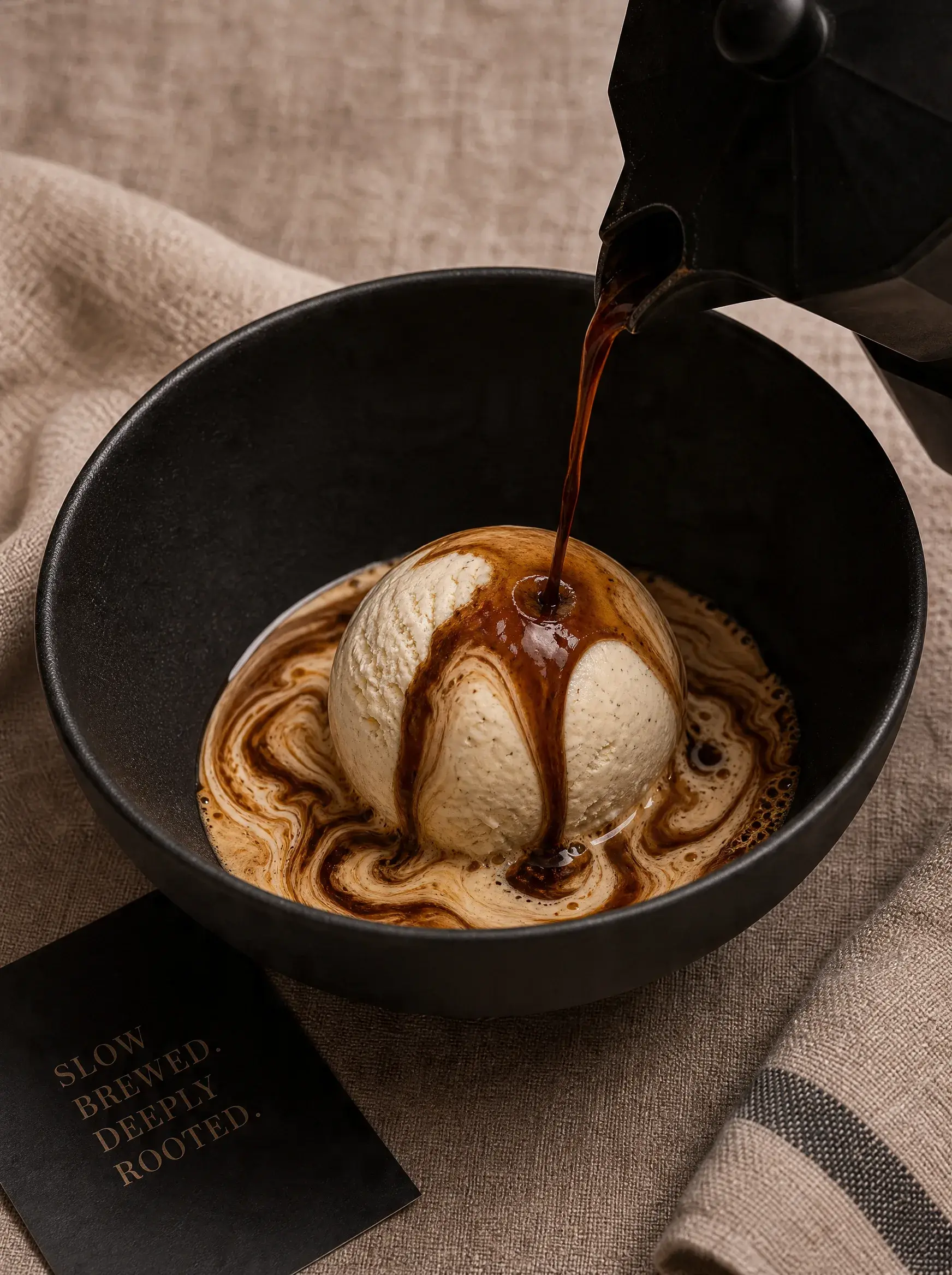 Affogato – boule de glace vanille avec café espresso versé dans bol noir, nappe lin