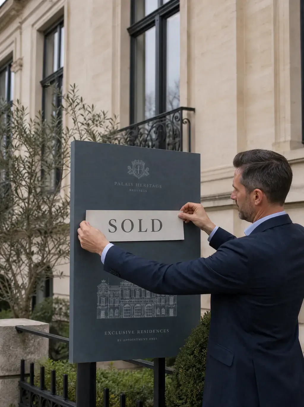 Agent en costume apposant l'étiquette SOLD sur panneau Palais Heritage devant une façade néoclassique