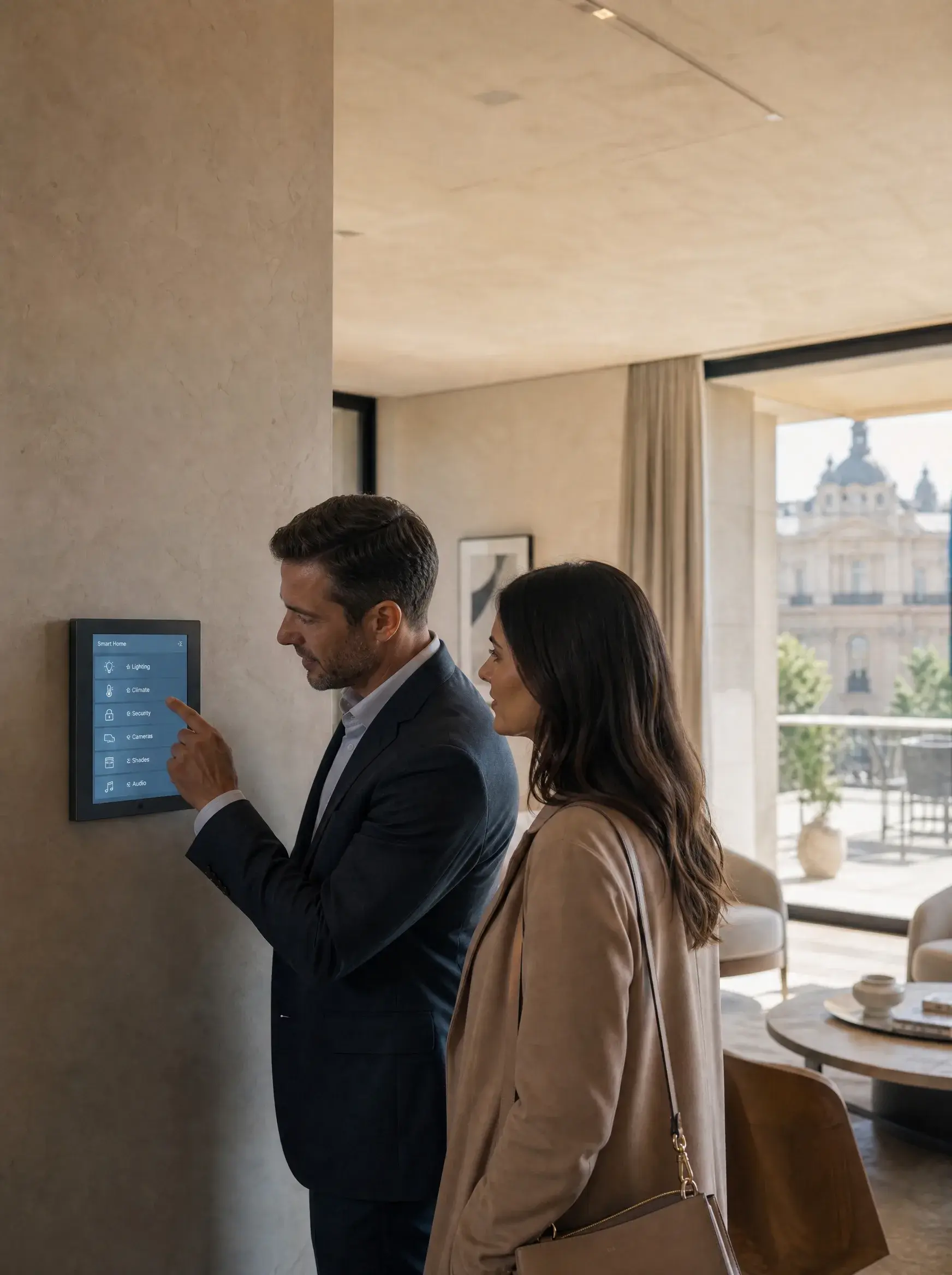 Agent et cliente découvrant la domotique d'un appartement contemporain avec vue sur monument historique