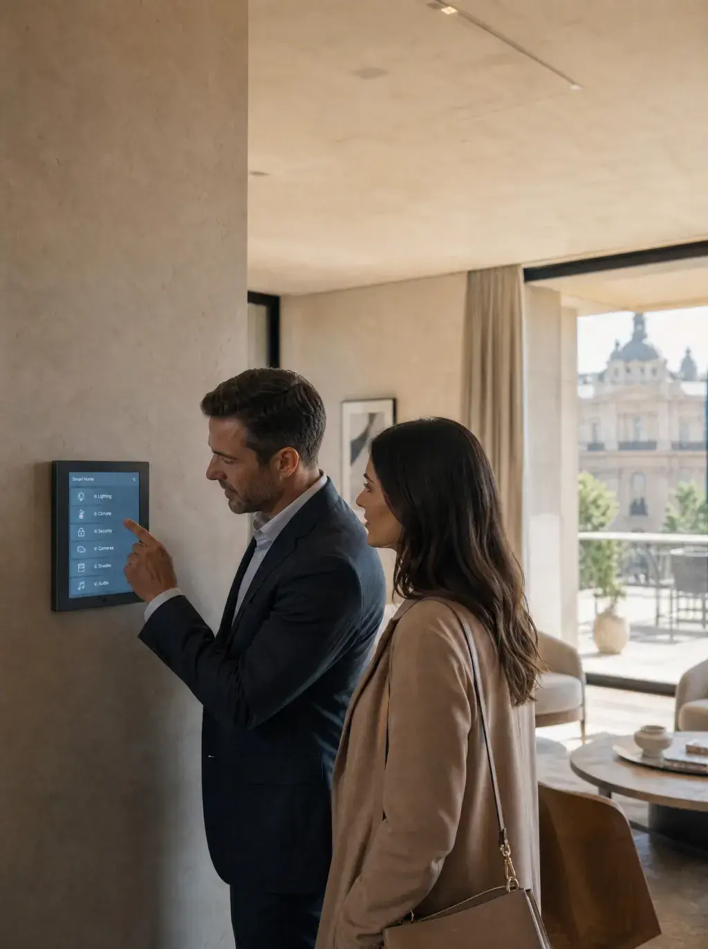 Agent et cliente découvrant la domotique d'un appartement contemporain avec vue sur monument historique
