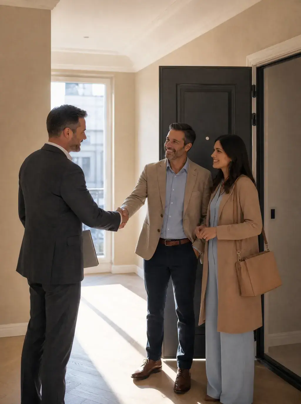 Agent immobilier accueillant un couple par une poignée de main dans un appartement haussmannien lumineux