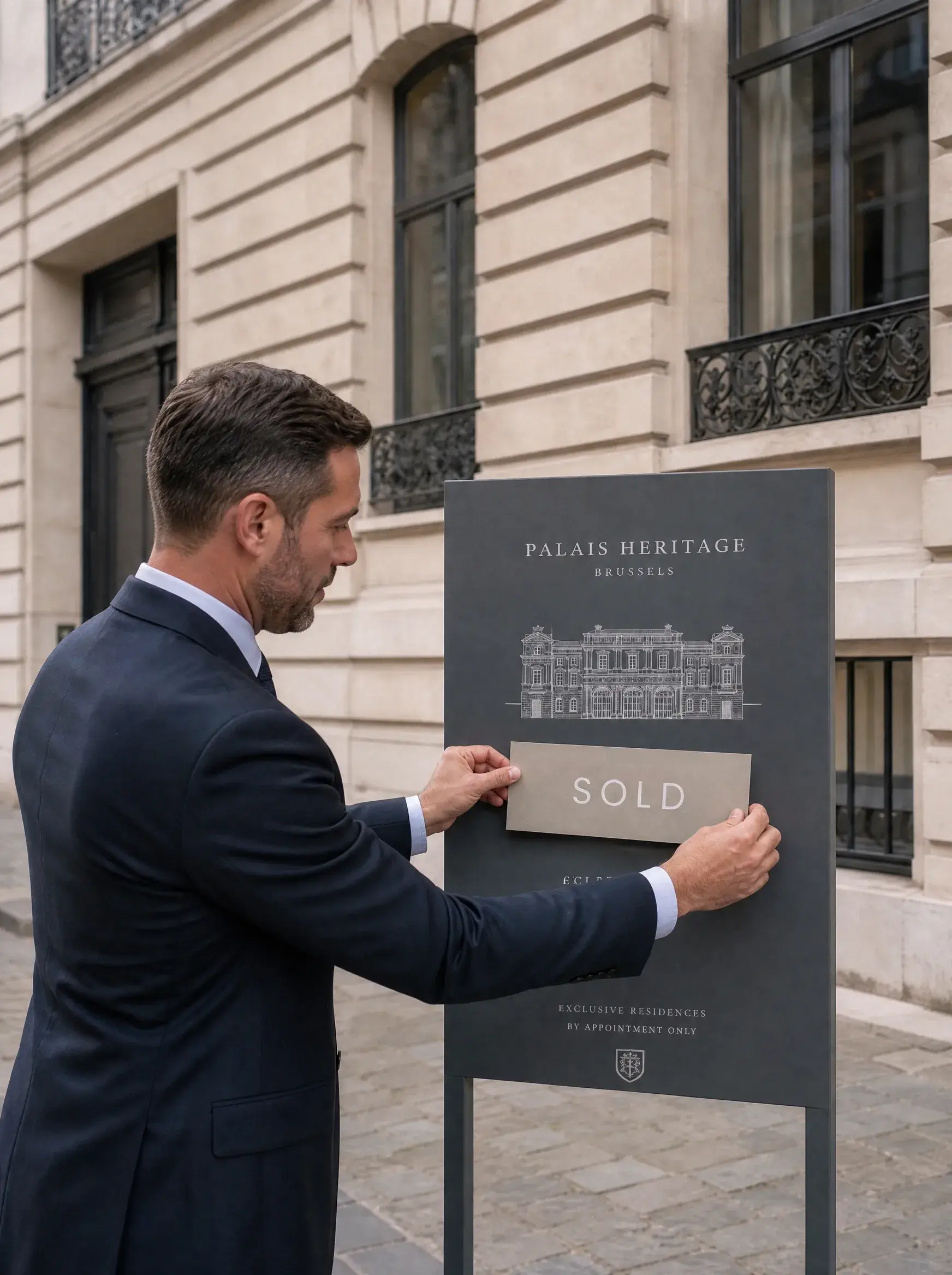 Agent immobilier apposant l'étiquette SOLD sur un panneau Palais Heritage devant un immeuble haussmannien