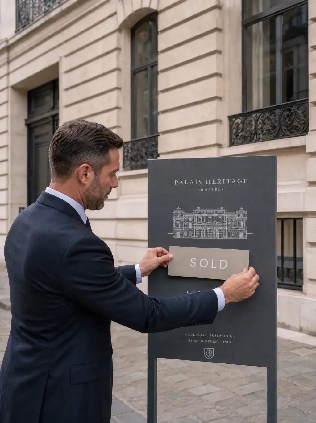 Agent immobilier apposant l'étiquette SOLD sur un panneau Palais Heritage devant un immeuble haussmannien