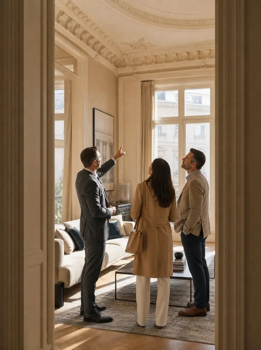 Agent immobilier désignant les moulures du plafond à un couple dans un salon haussmannien décoré