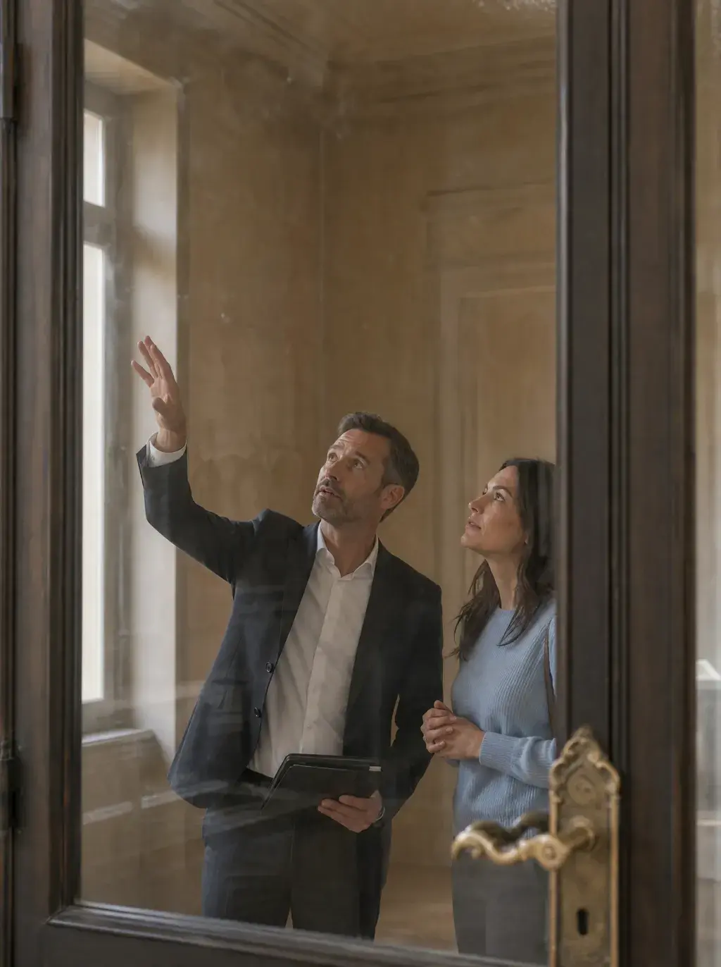 Agent immobilier et cliente observant les moulures d'un appartement ancien vu à travers une porte en bois dorée