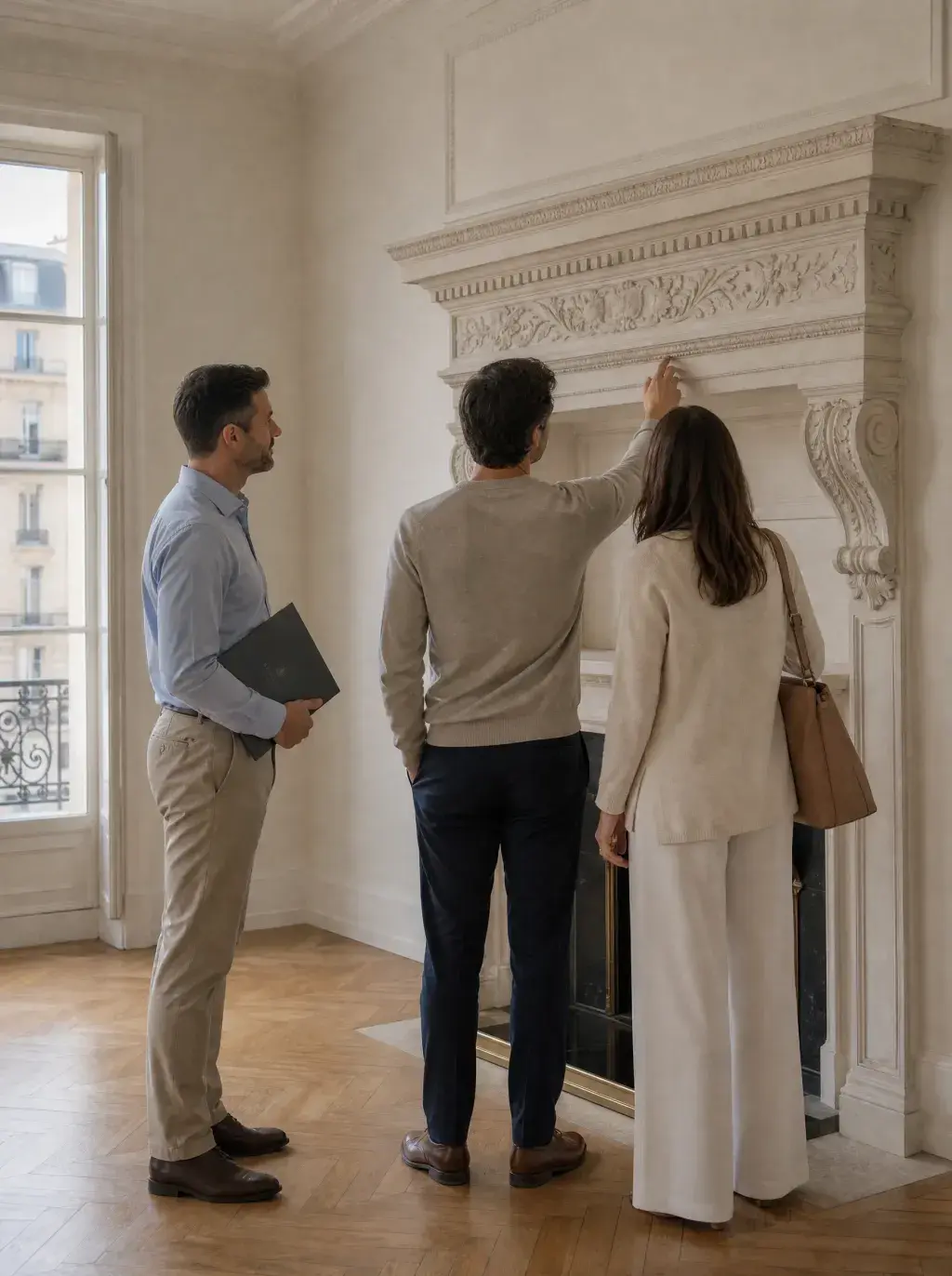Agent immobilier et couple admirant une cheminée en marbre sculpté dans un appartement haussmannien vide