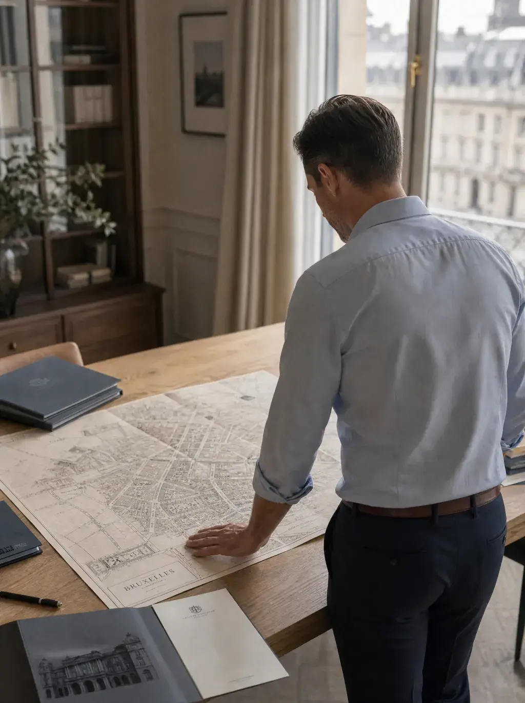 Agent immobilier étudiant une carte de Bruxelles étalée sur un bureau en bois avec dossier Palais Heritage