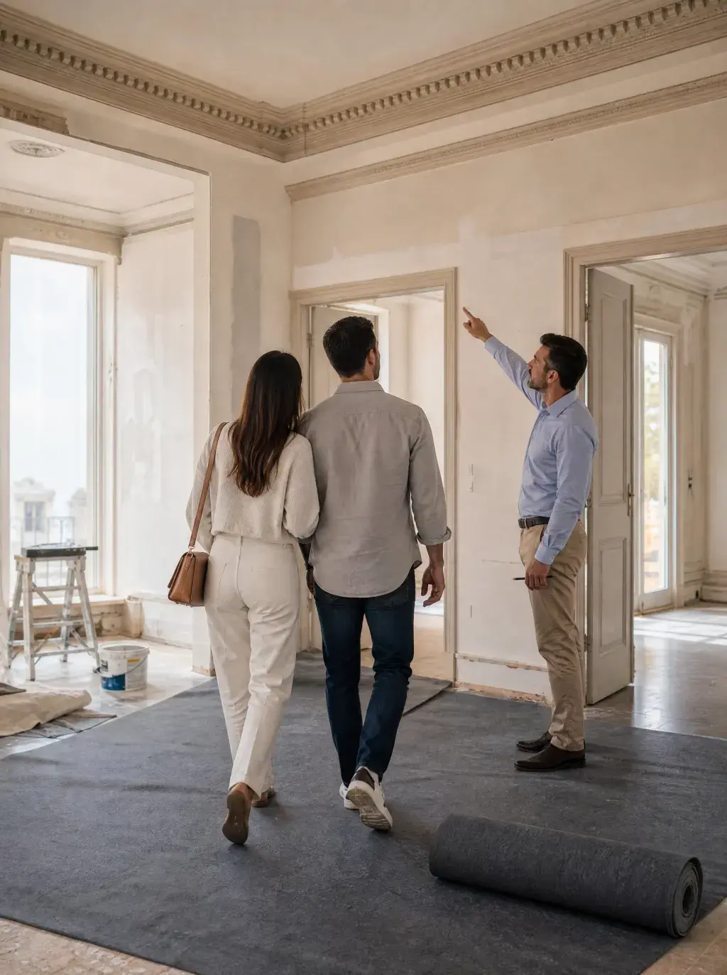 Agent immobilier guidant un couple dans un appartement haussmannien en cours de rénovation