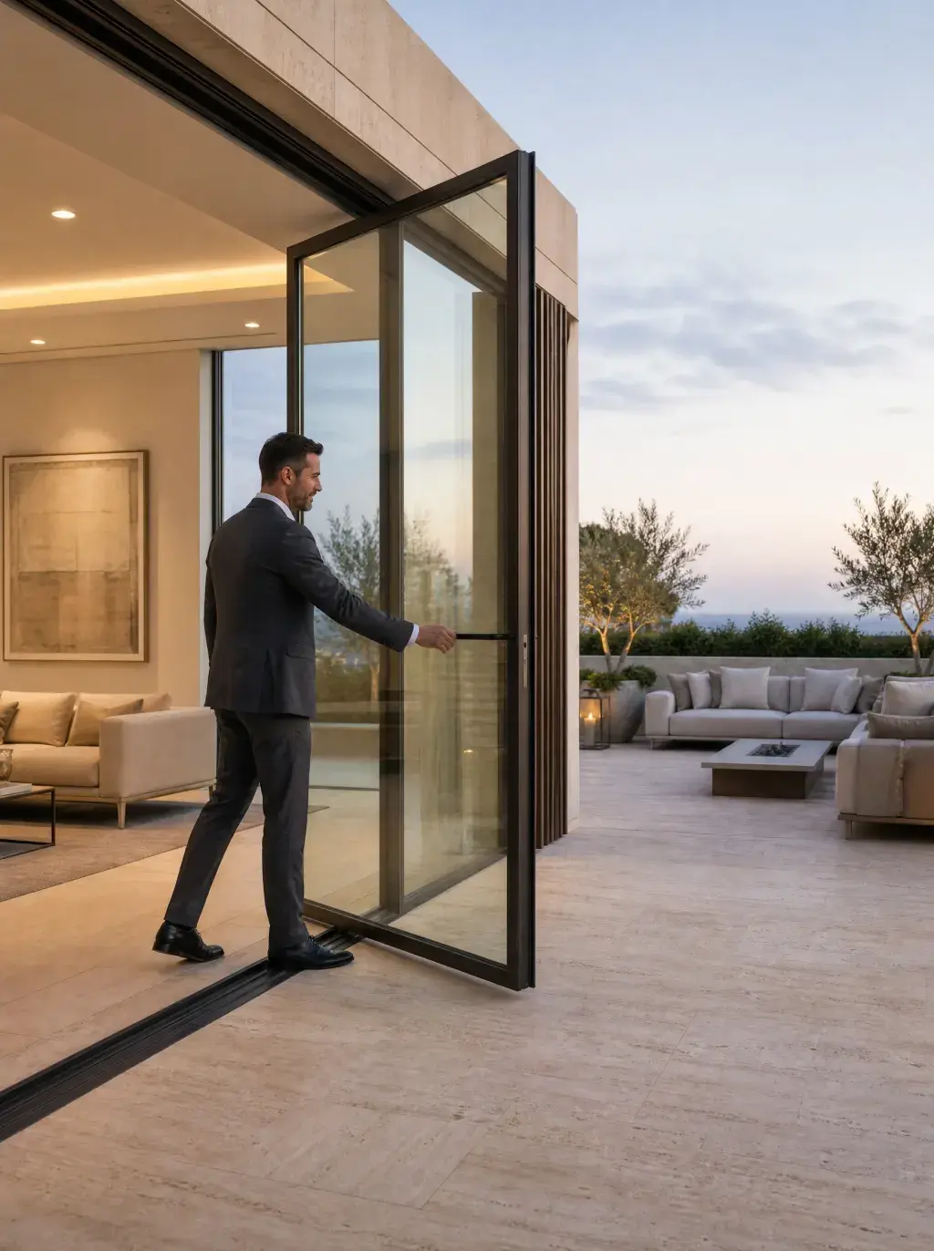 Agent immobilier ouvrant une baie vitrée pivotante sur une terrasse de luxe avec salon outdoor au crépuscule
