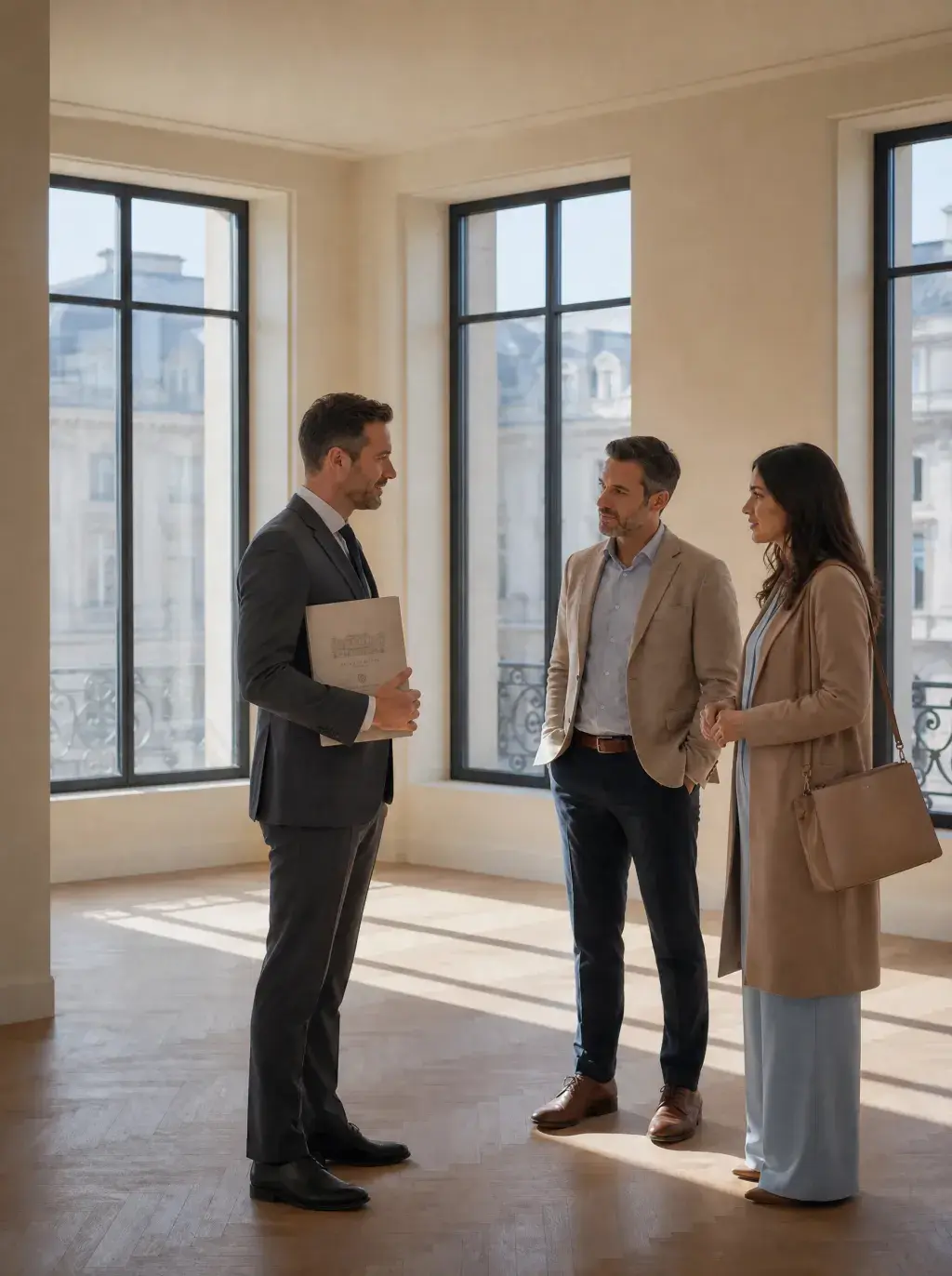 Agent immobilier présentant un appartement vide haussmannien lumineux à un couple d'acheteurs