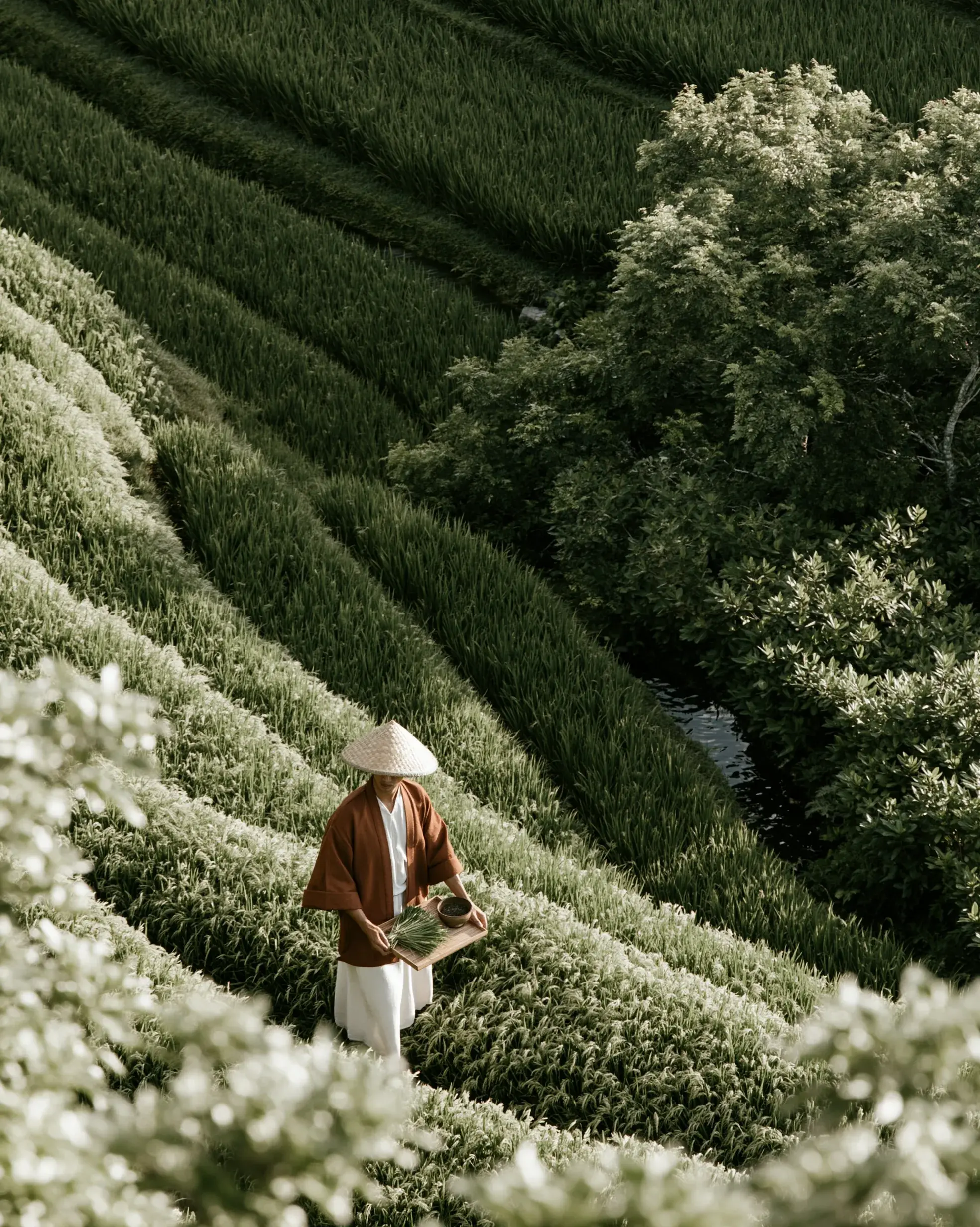 Agriculteur cueillant le thé en plantation – chapeau conique, vue plongeante, collines verdoyantes