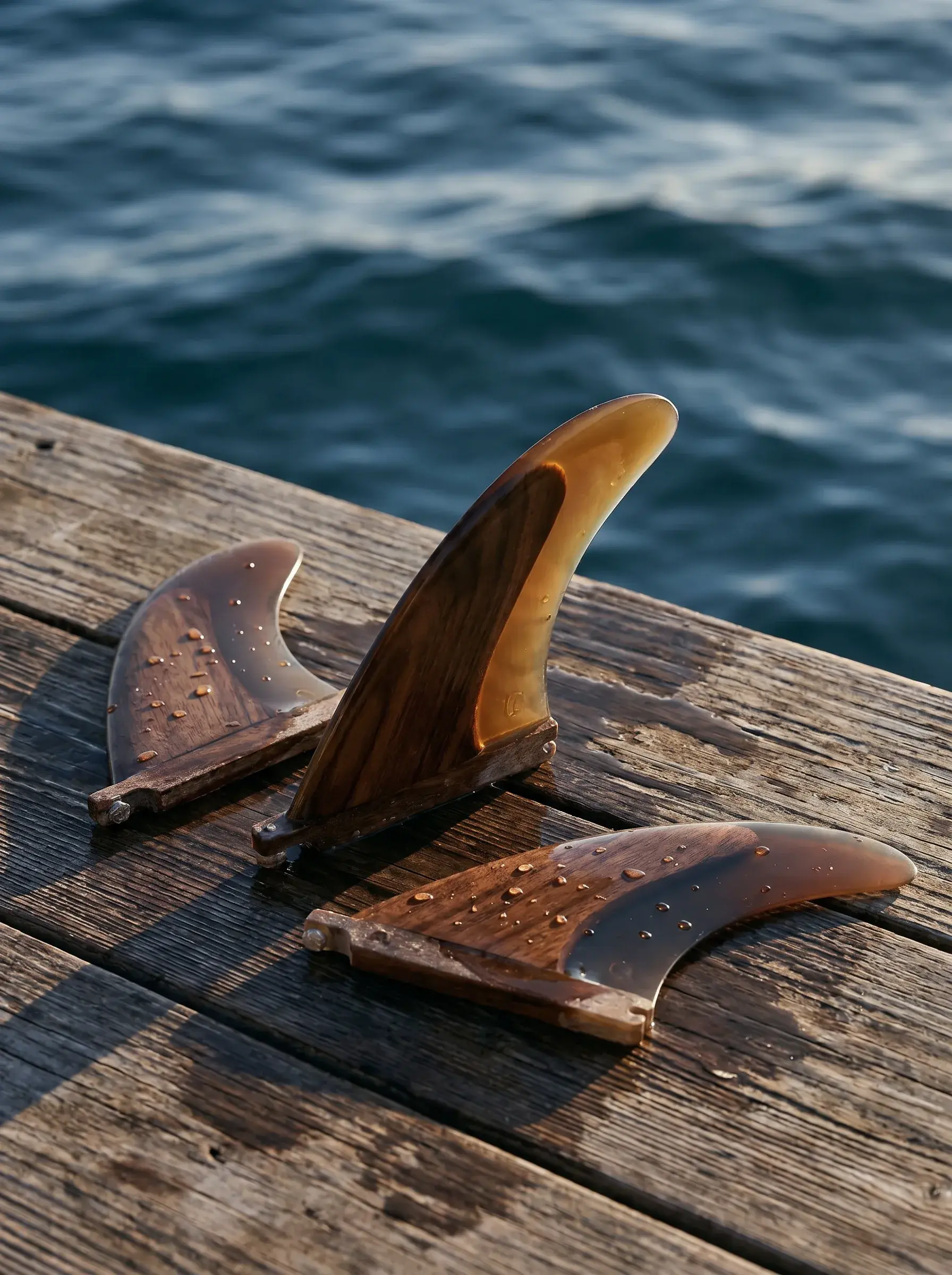 Ailerons de surf en bois posés sur un ponton face à la mer