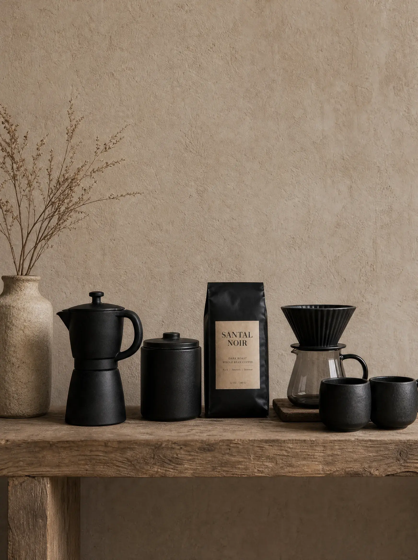 Alignement accessoires café noirs sur étagère bois – cafetière moka, bocal, dripper verre, mugs, mur texturé