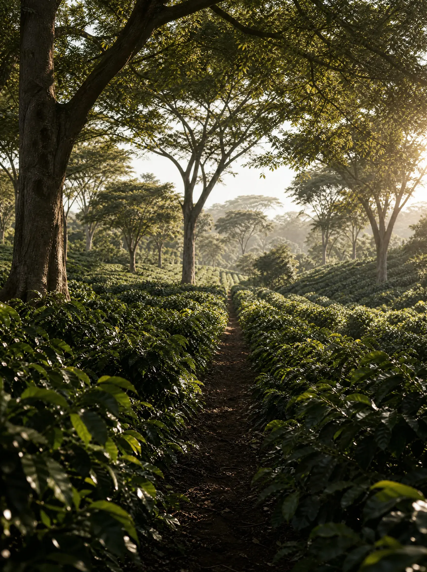 Allée de caféiers en plantation – arbres d'ombrage, brume dorée, lever de soleil, forêt tropicale
