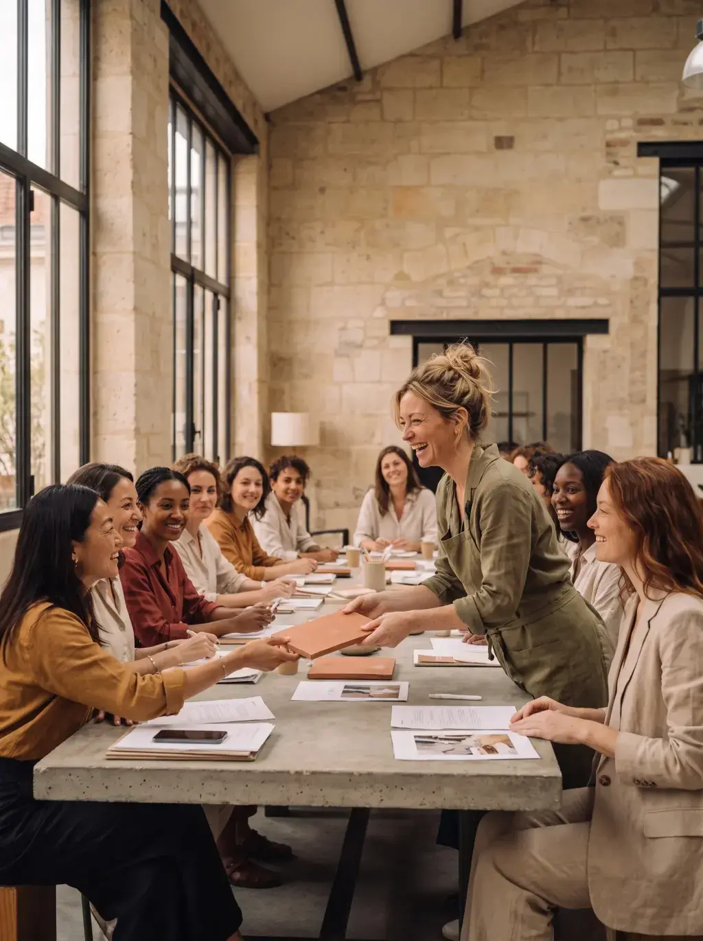 Animatrice distribuant des documents à un large groupe de femmes en salle de formation en pierre
