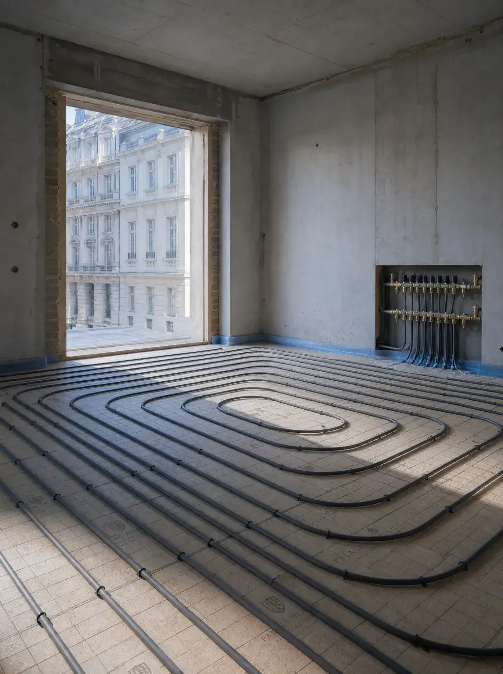 Appartement en cours de construction avec plancher chauffant installé et vue sur immeuble néoclassique