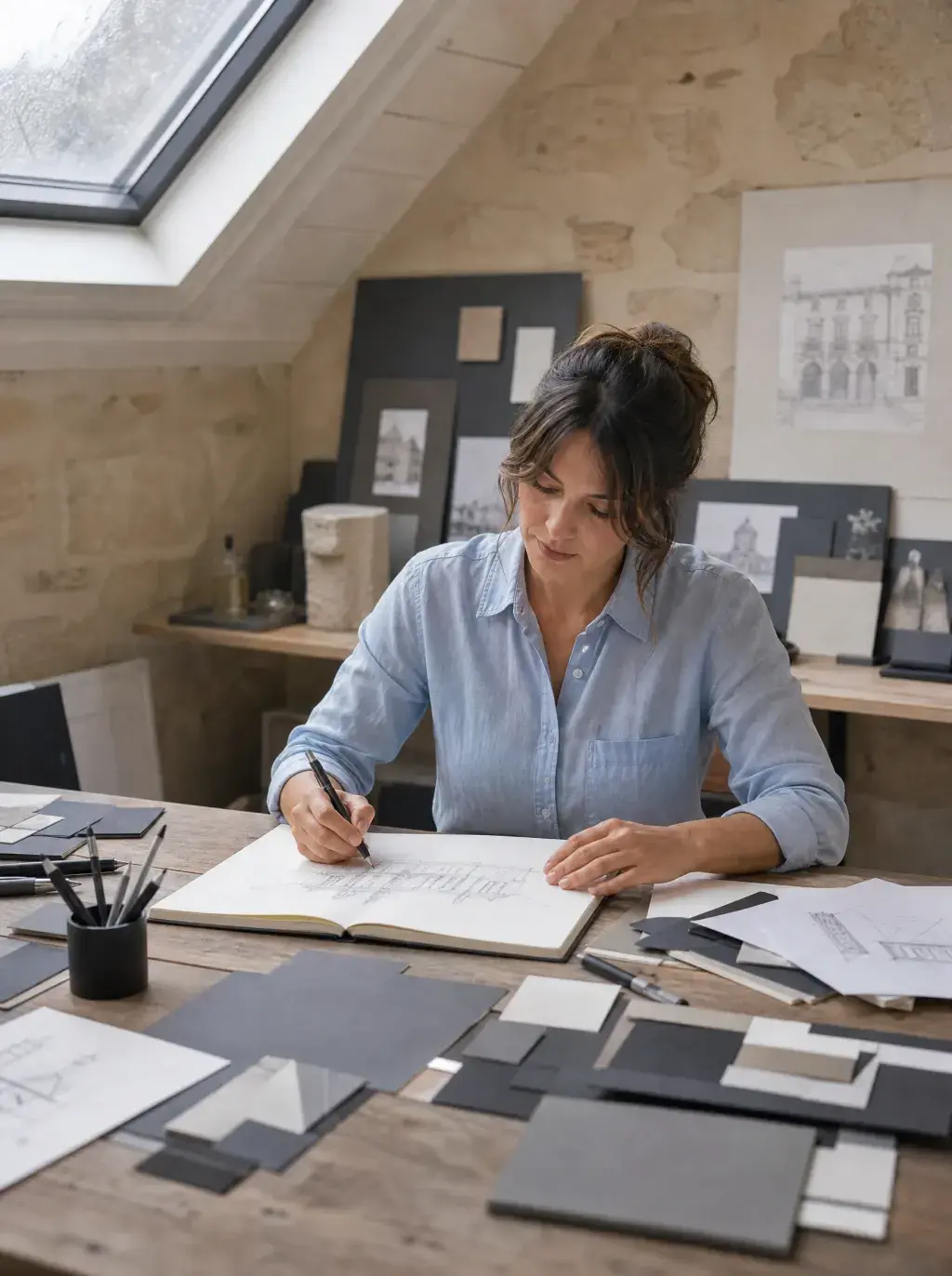 Architecte d'intérieur travaillant dans un studio mansardé avec nuanciers, plans et croquis architecturaux
