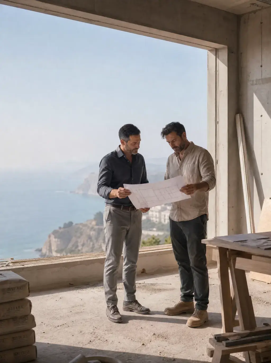 Architecte et chef de chantier consultant un plan dans un appartement en gros œuvre avec vue sur la Méditerranée