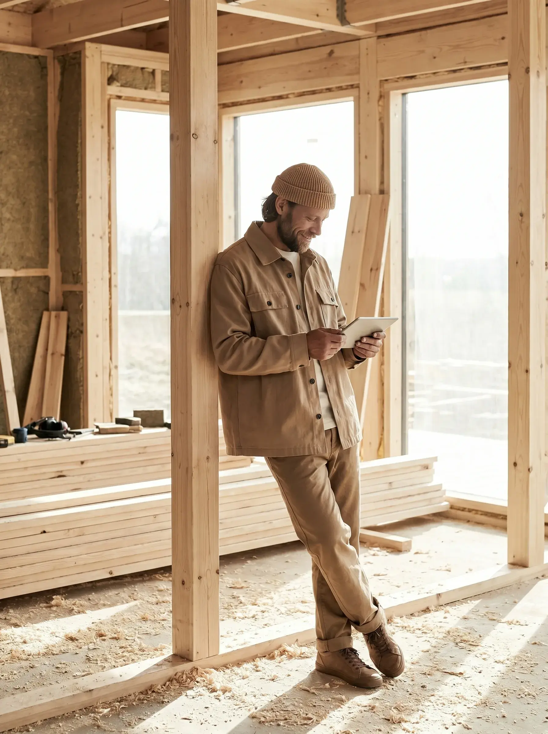 Artisan adossé à un poteau en bois consultant une tablette sur un chantier de construction bois