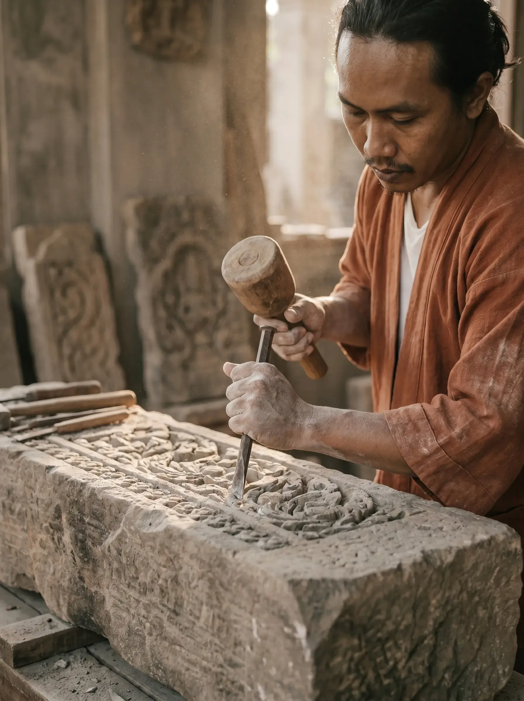 Artisan asiatique masculin sculptant motif végétal en relief sur bloc de pierre avec ciseau et maillet, atelier extérieur