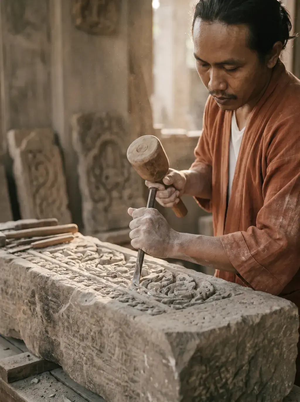 Artisan asiatique masculin sculptant motif végétal en relief sur bloc de pierre avec ciseau et maillet, atelier extérieur