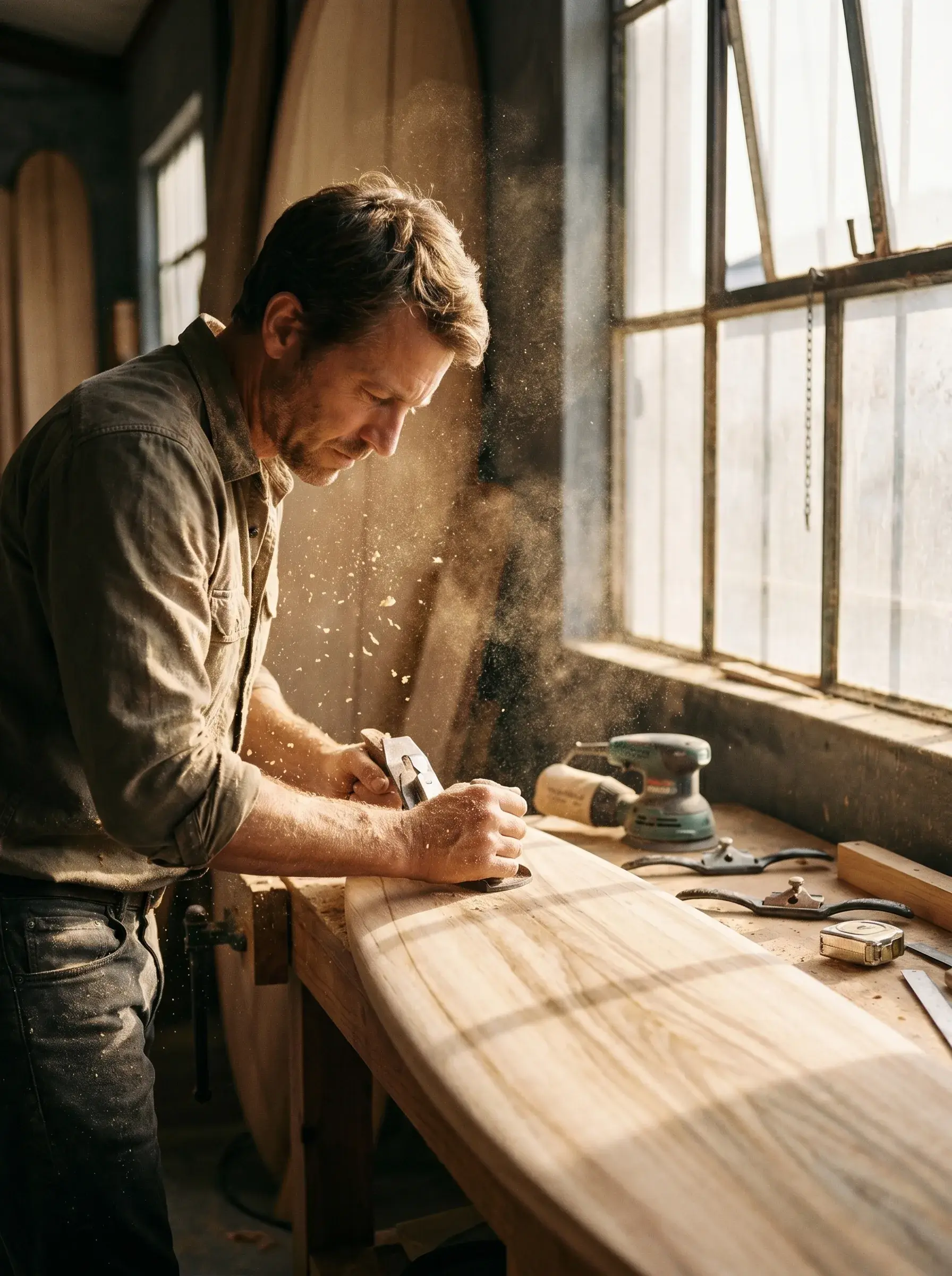 Artisan au rabot sur planche de surf dans un atelier industriel