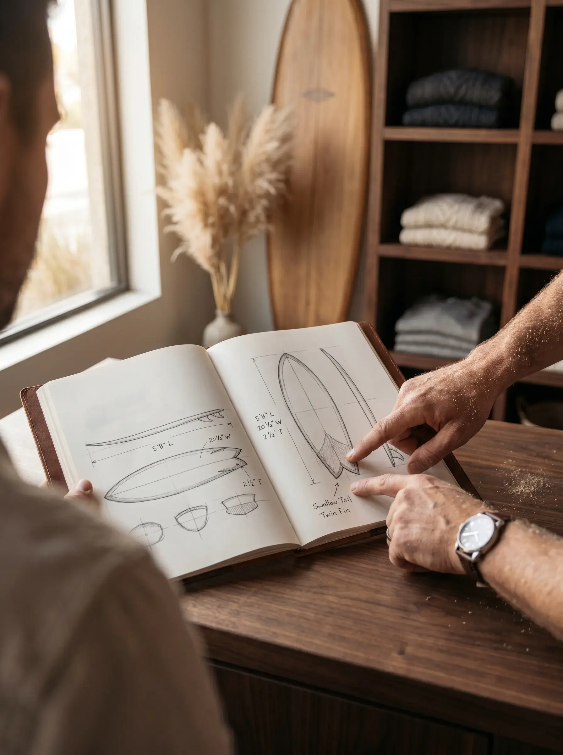Artisan consultant ses croquis de formes de planches de surf