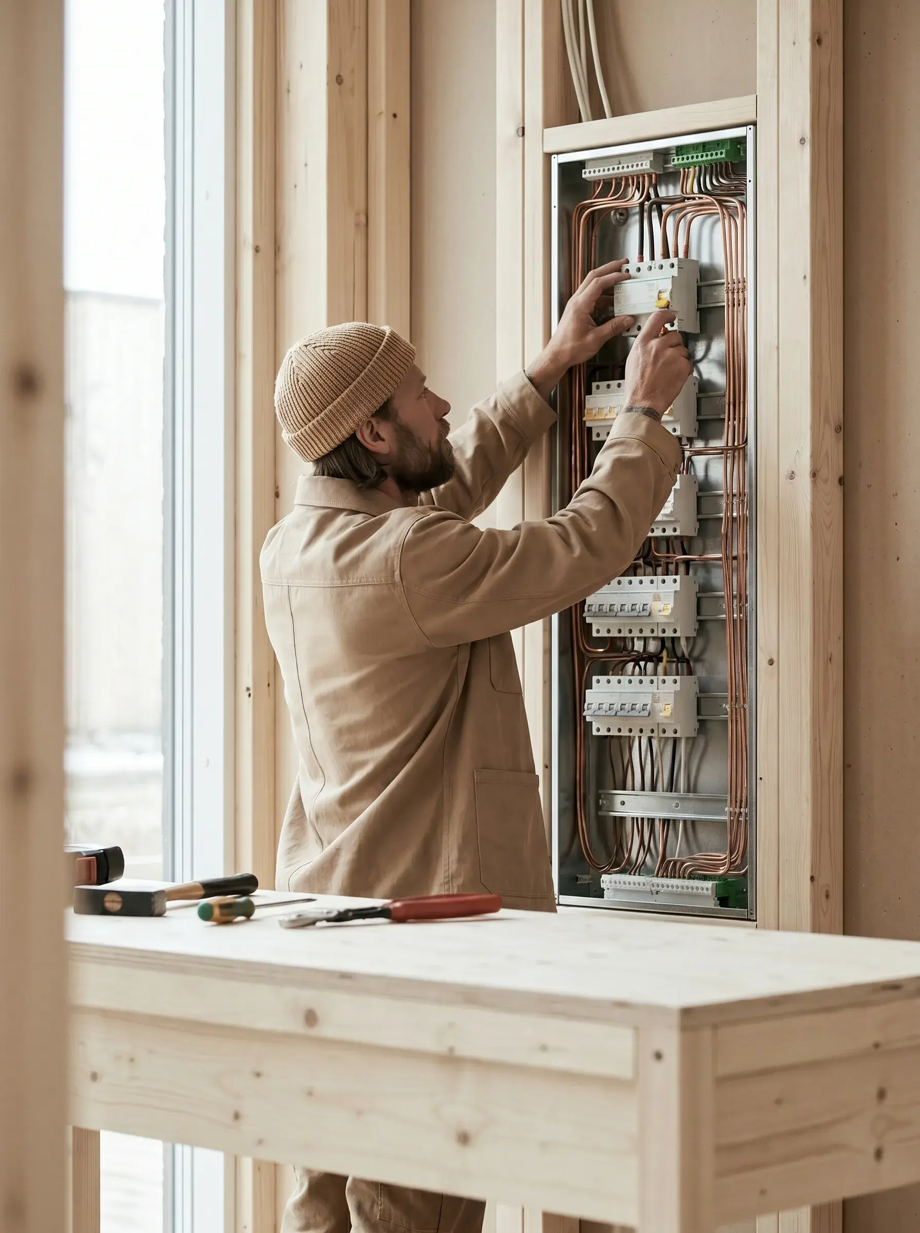 Artisan électricien raccordant un tableau électrique en cuivre dans une maison à ossature bois