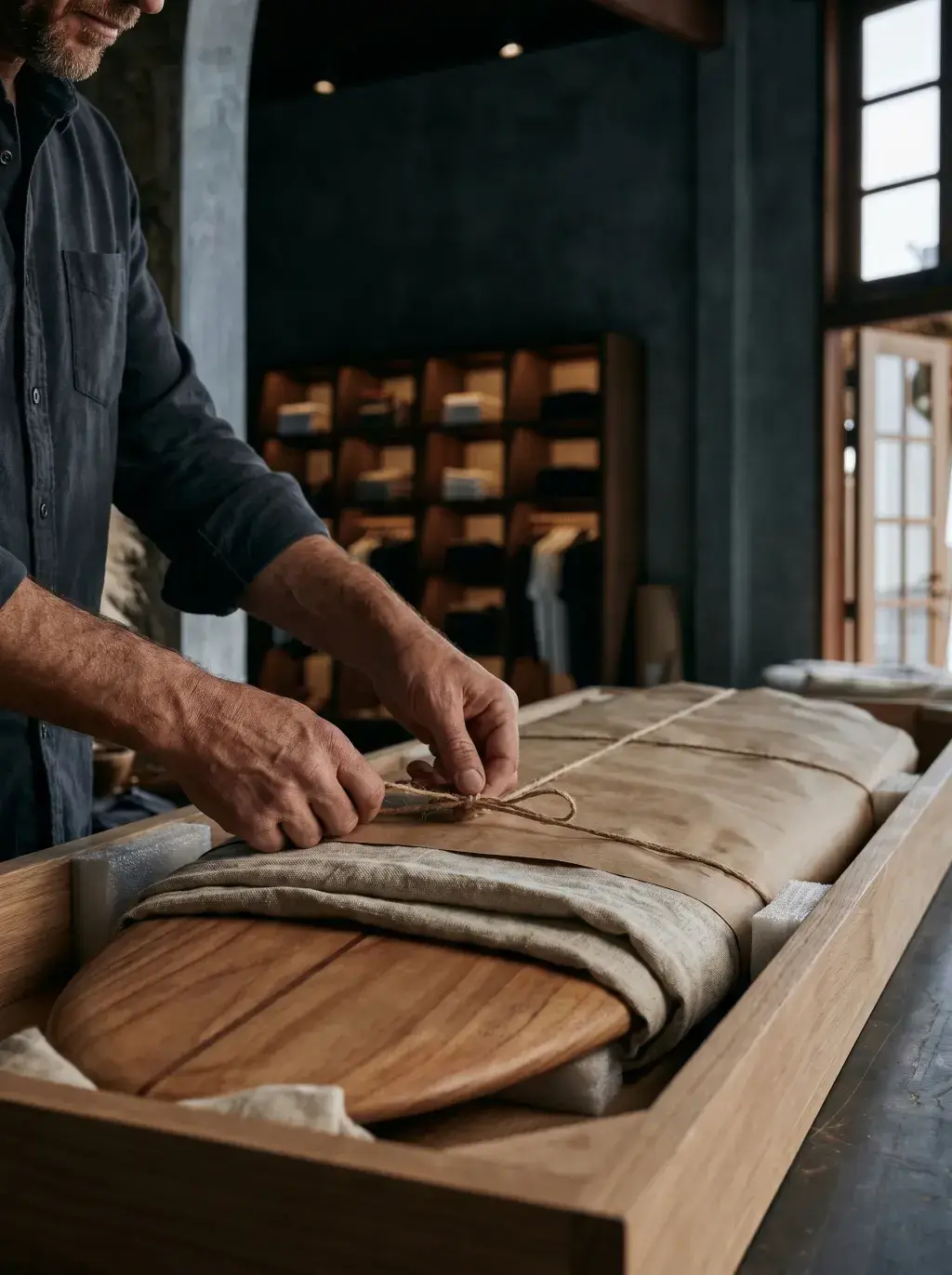 Artisan emballant une planche de surf en lin pour expédition