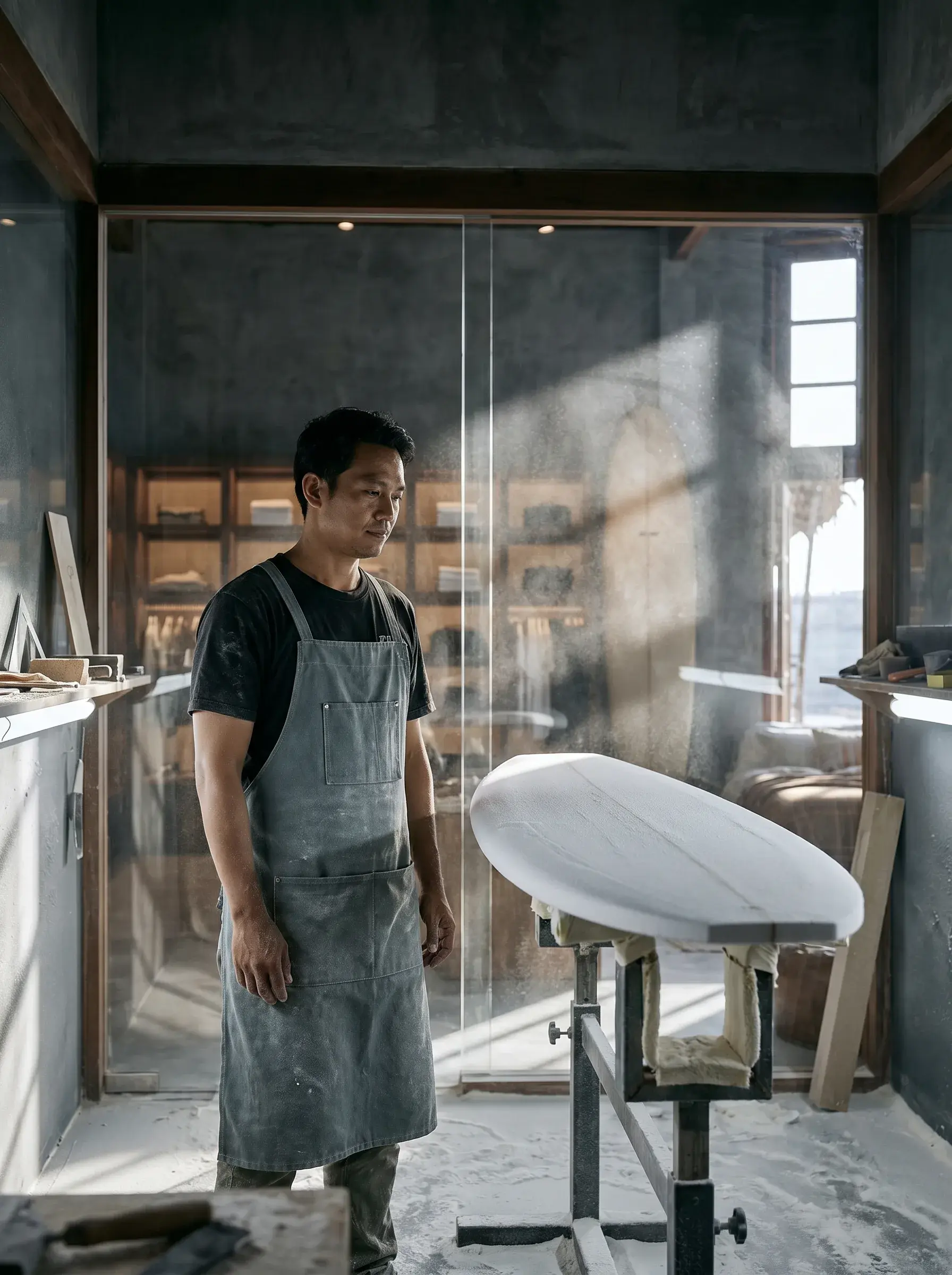 Artisan en tablier denim debout dans un atelier de façonnage de planches de surf