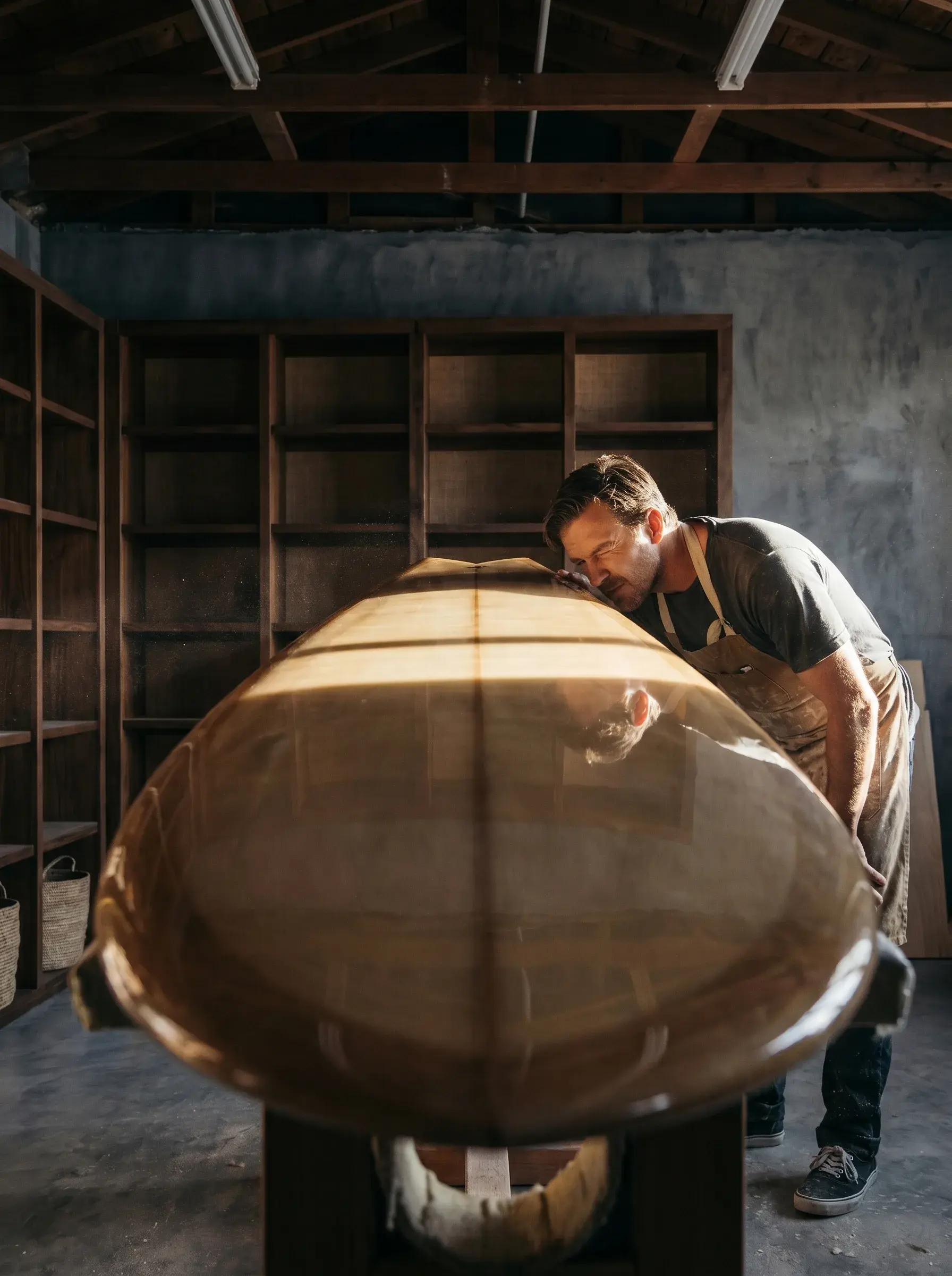 Artisan en tablier inspectant la finition d'une planche de surf vernissée