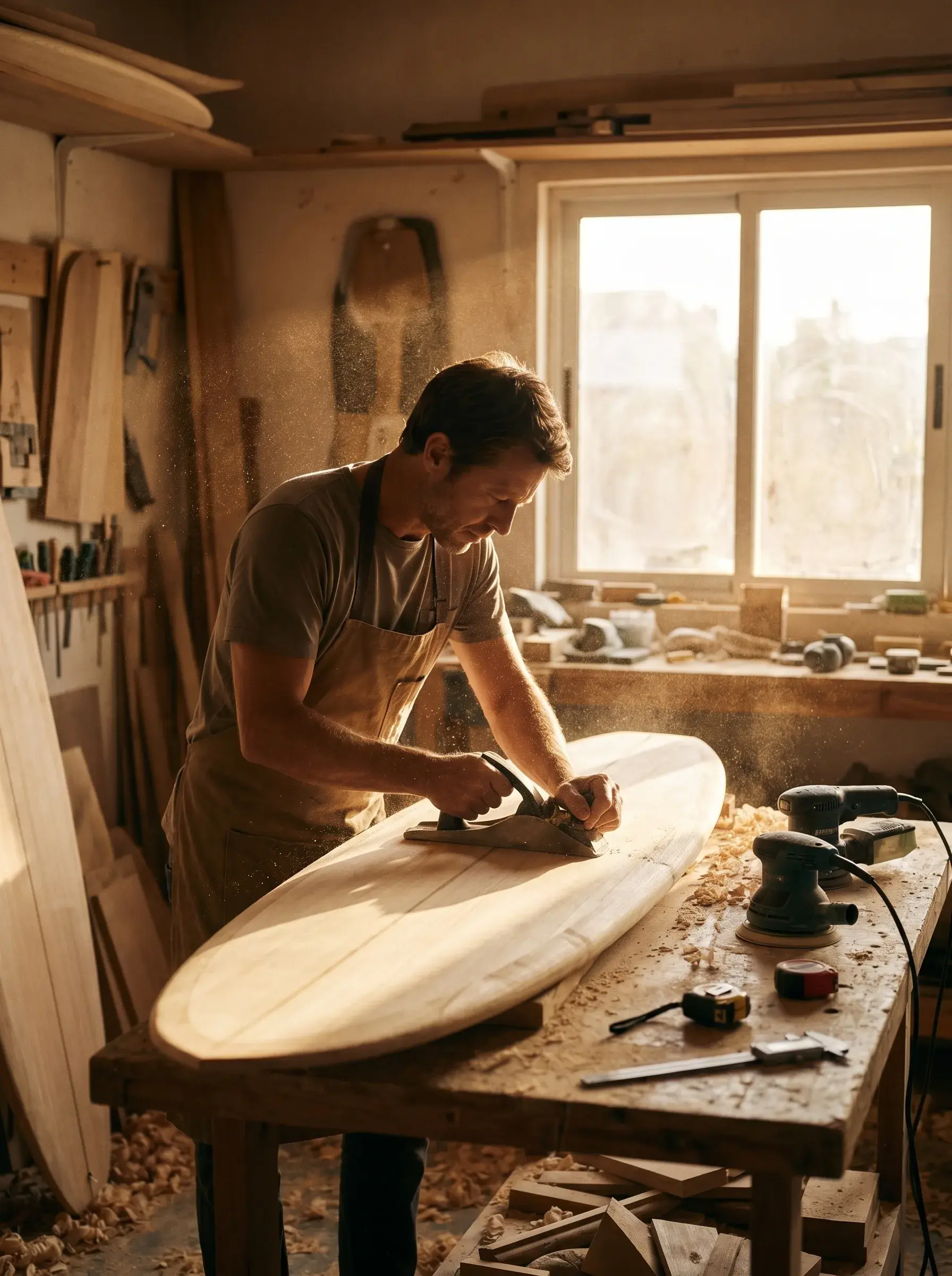 Artisan façonnant une planche de surf en bois au rabot